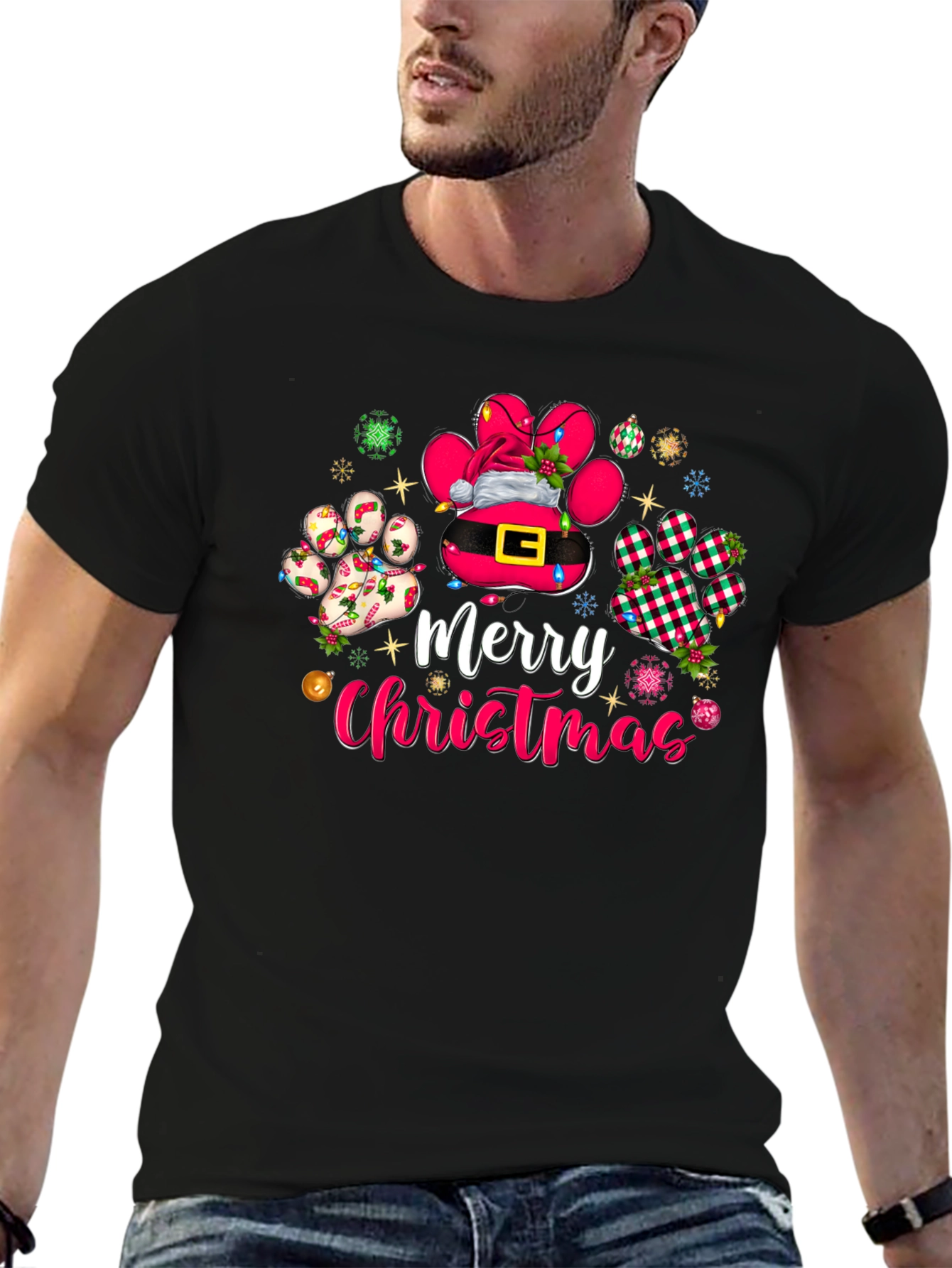 Merry Christmas Dog Paw Print T-Shirt