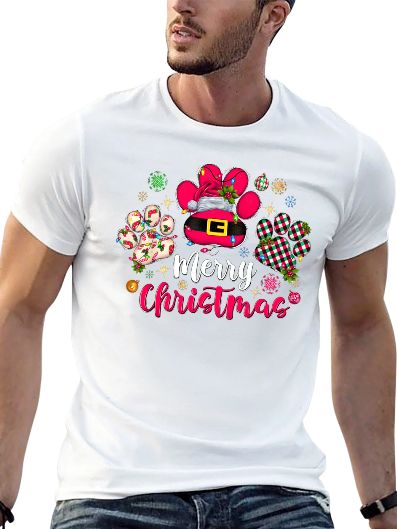Merry Christmas Dog Paw Print T-Shirt