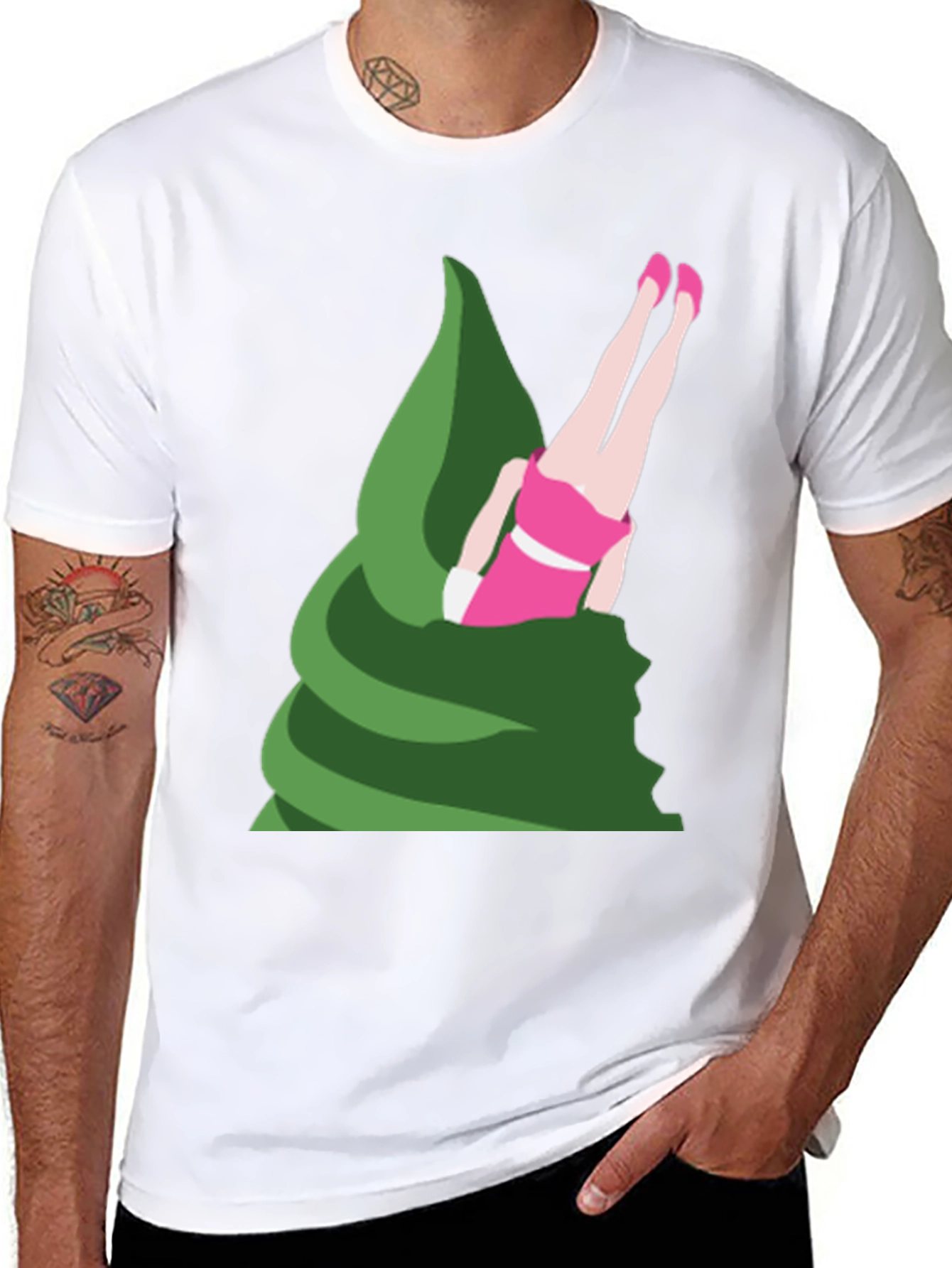 Novelty T-Shirt - Upside Down Girl in Green Swirl