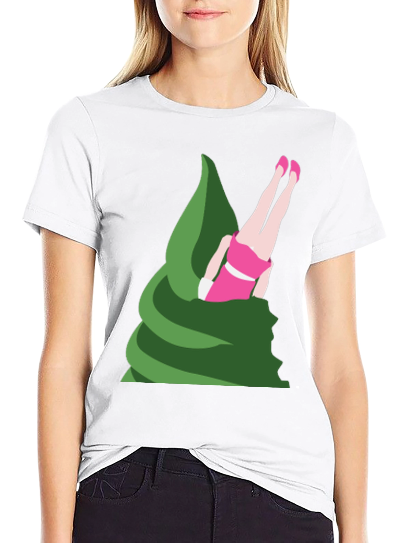 Novelty T-Shirt - Upside Down Girl in Green Swirl
