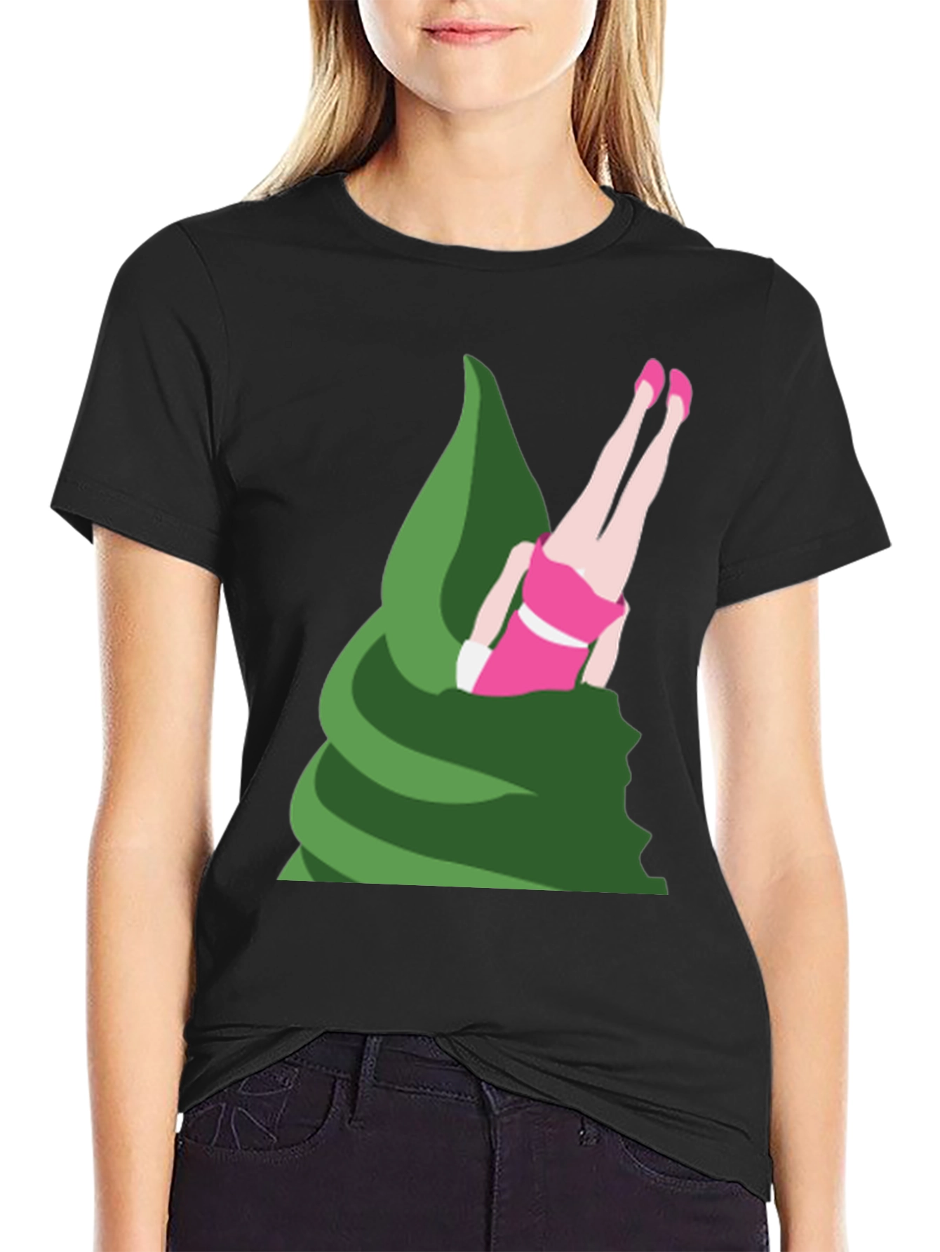Novelty T-Shirt - Upside Down Girl in Green Swirl