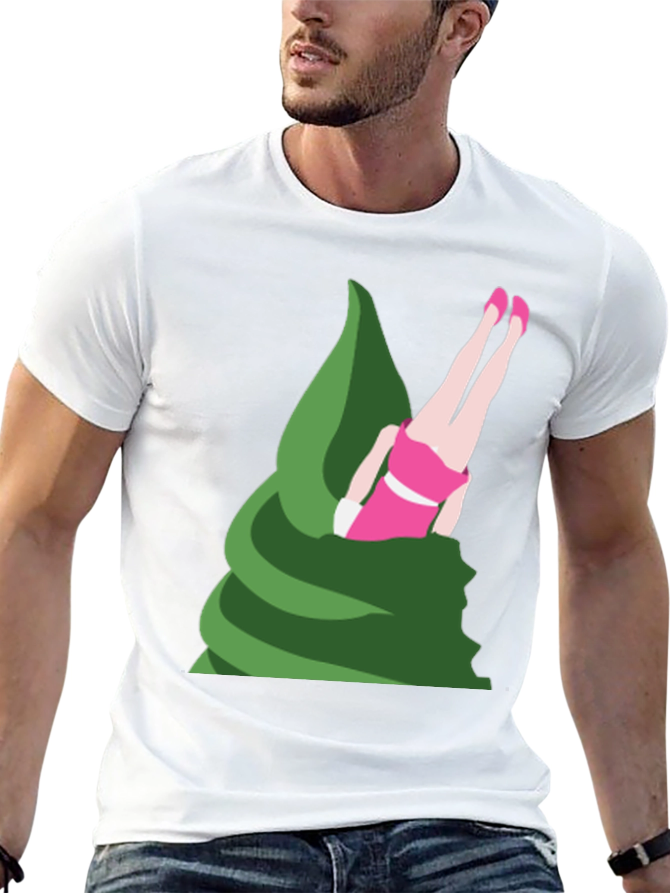 Novelty T-Shirt - Upside Down Girl in Green Swirl