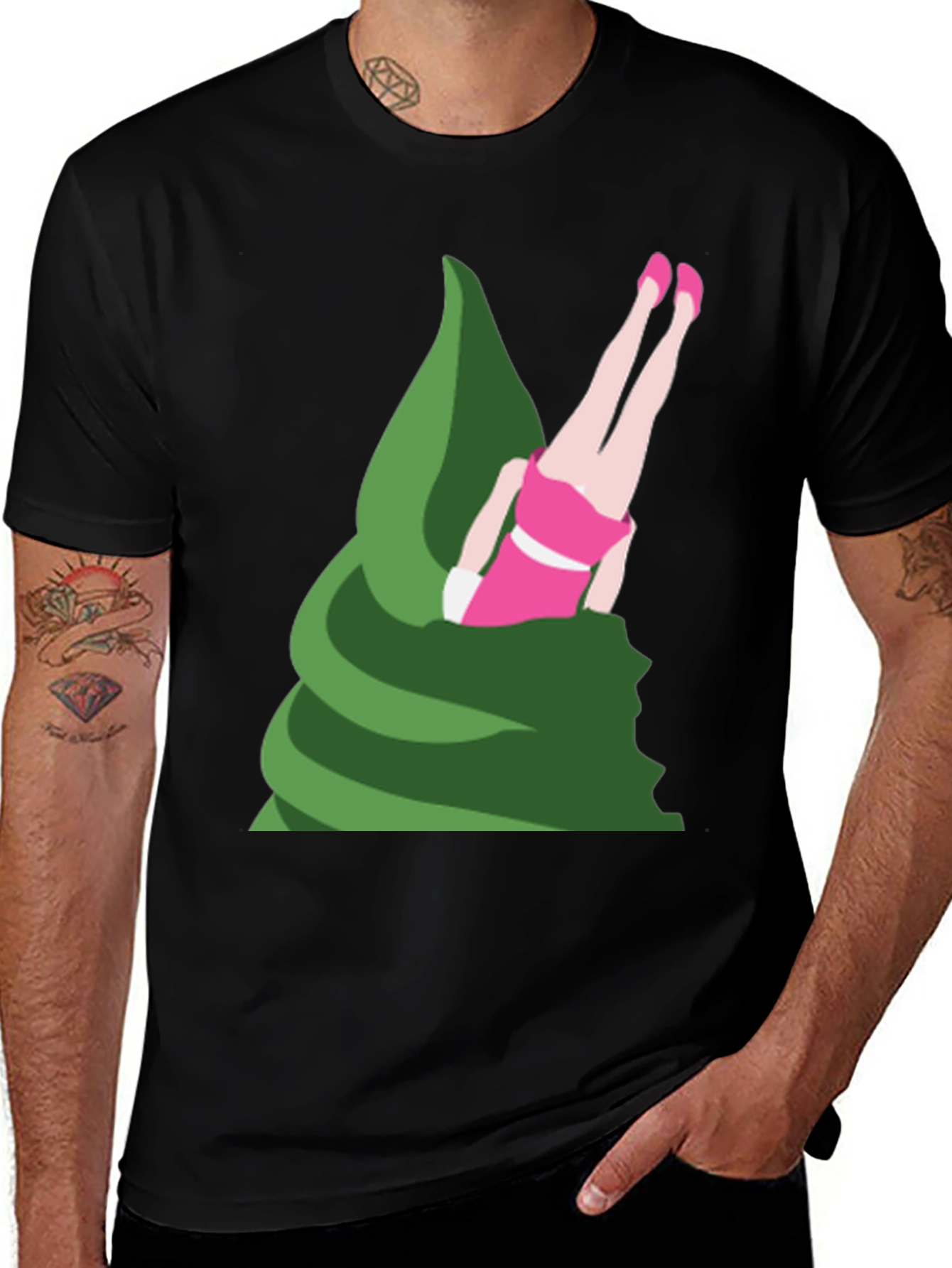 Novelty T-Shirt - Upside Down Girl in Green Swirl