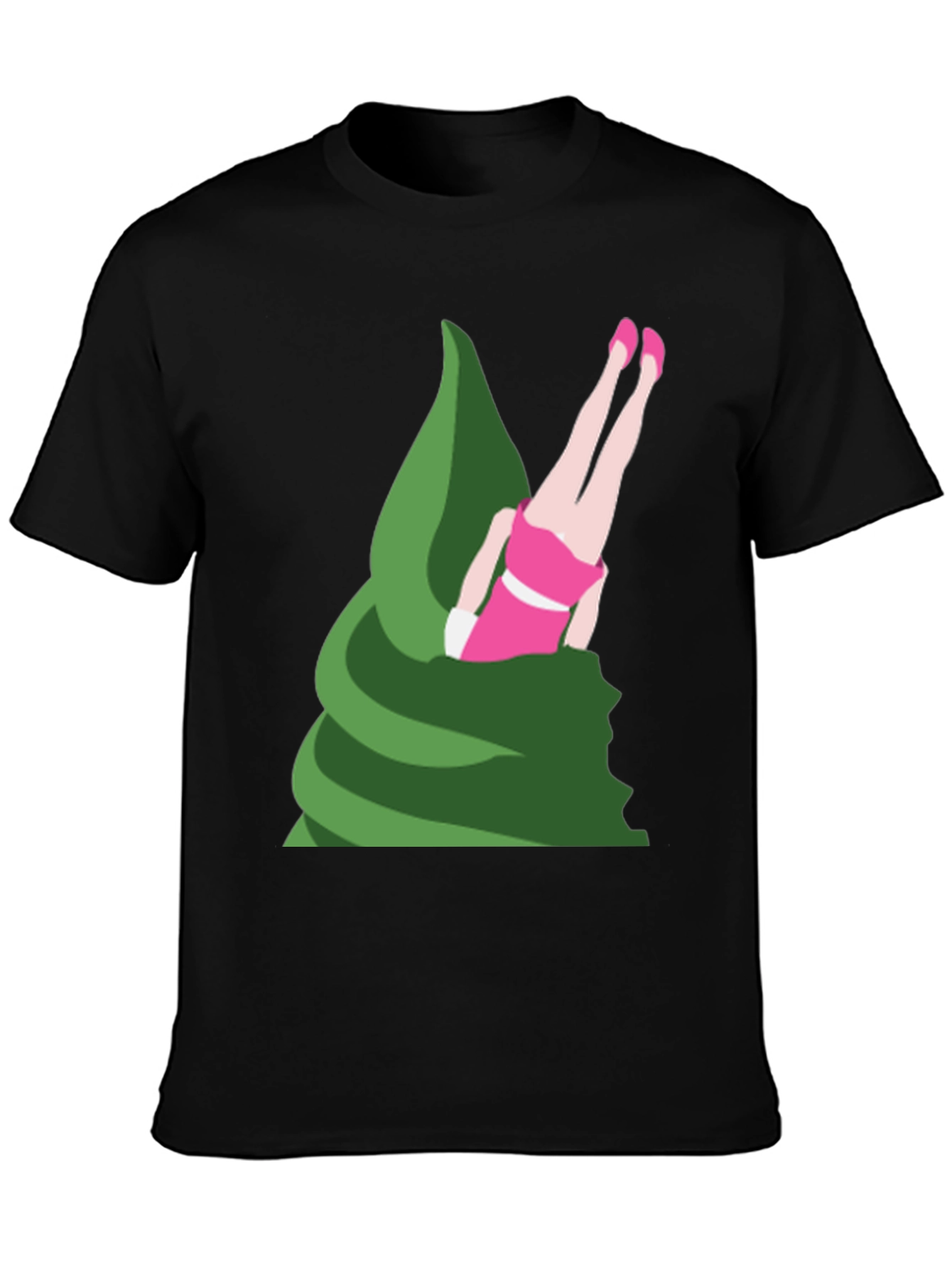 Novelty T-Shirt - Upside Down Girl in Green Swirl