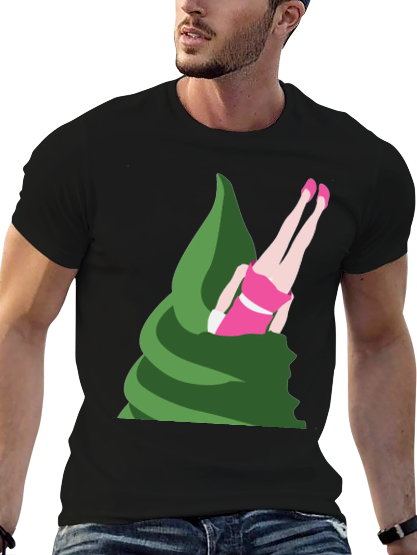 Novelty T-Shirt - Upside Down Girl in Green Swirl