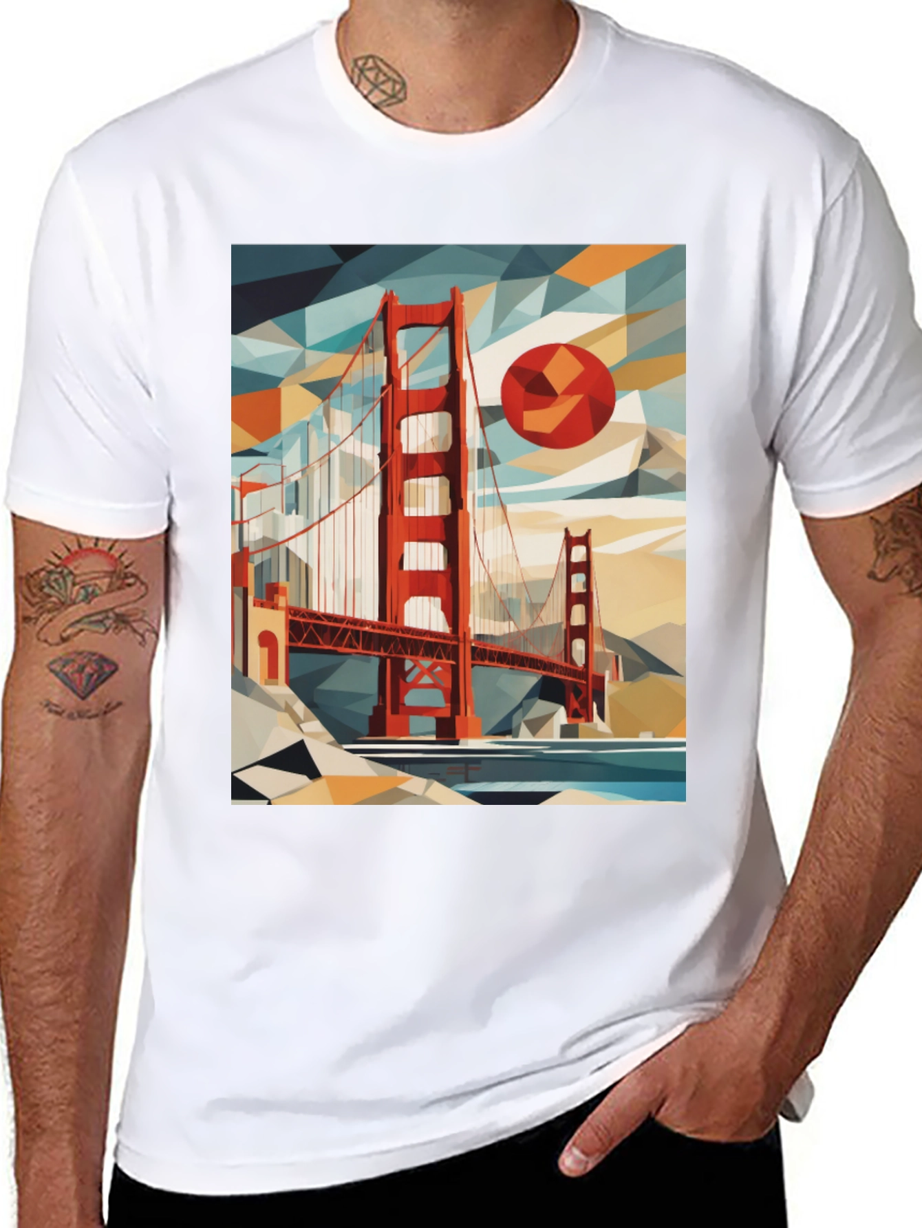 Golden Gate Bridge Geometric Art Black T-Shirt
