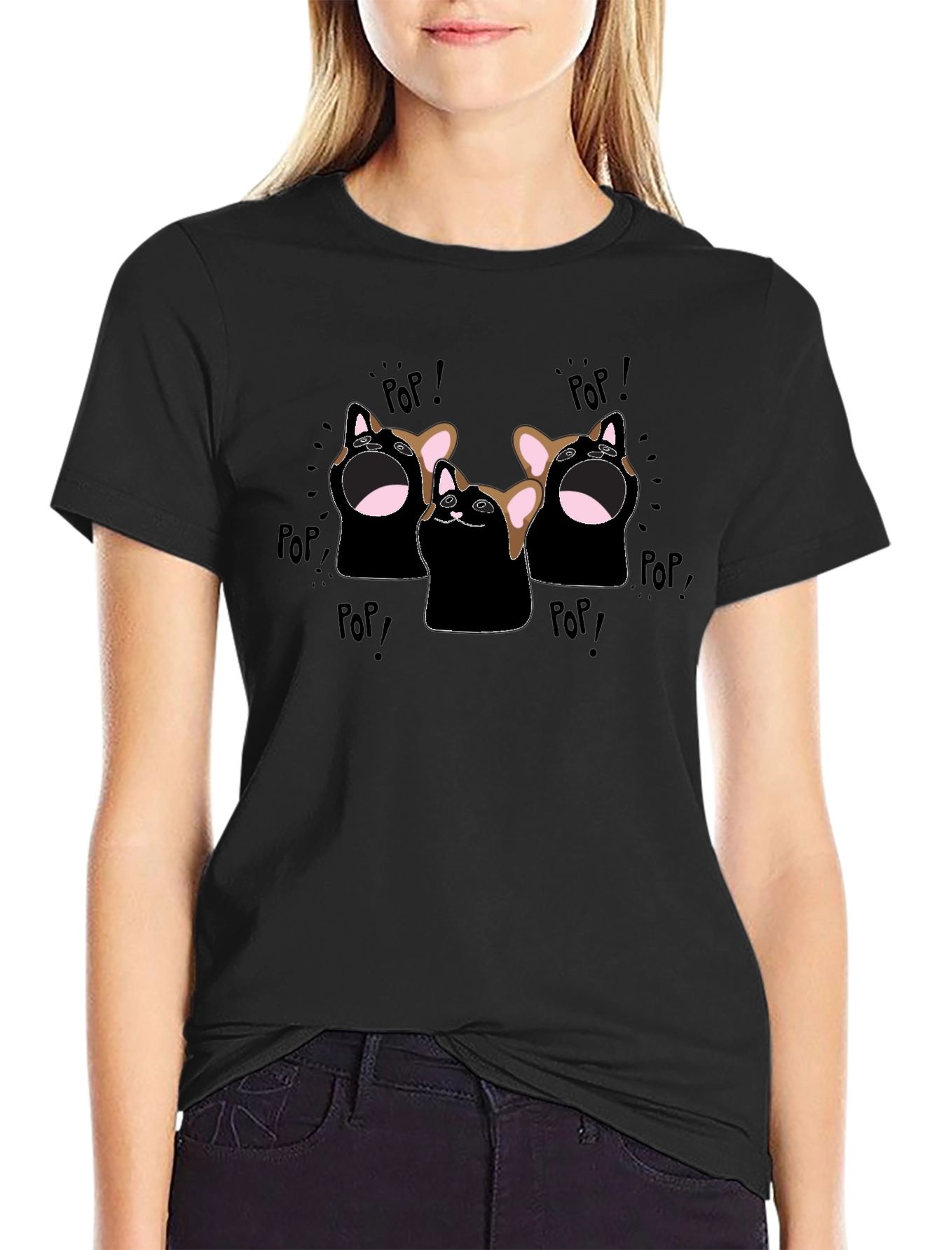 Pop Cat Graphic T-Shirt - Black