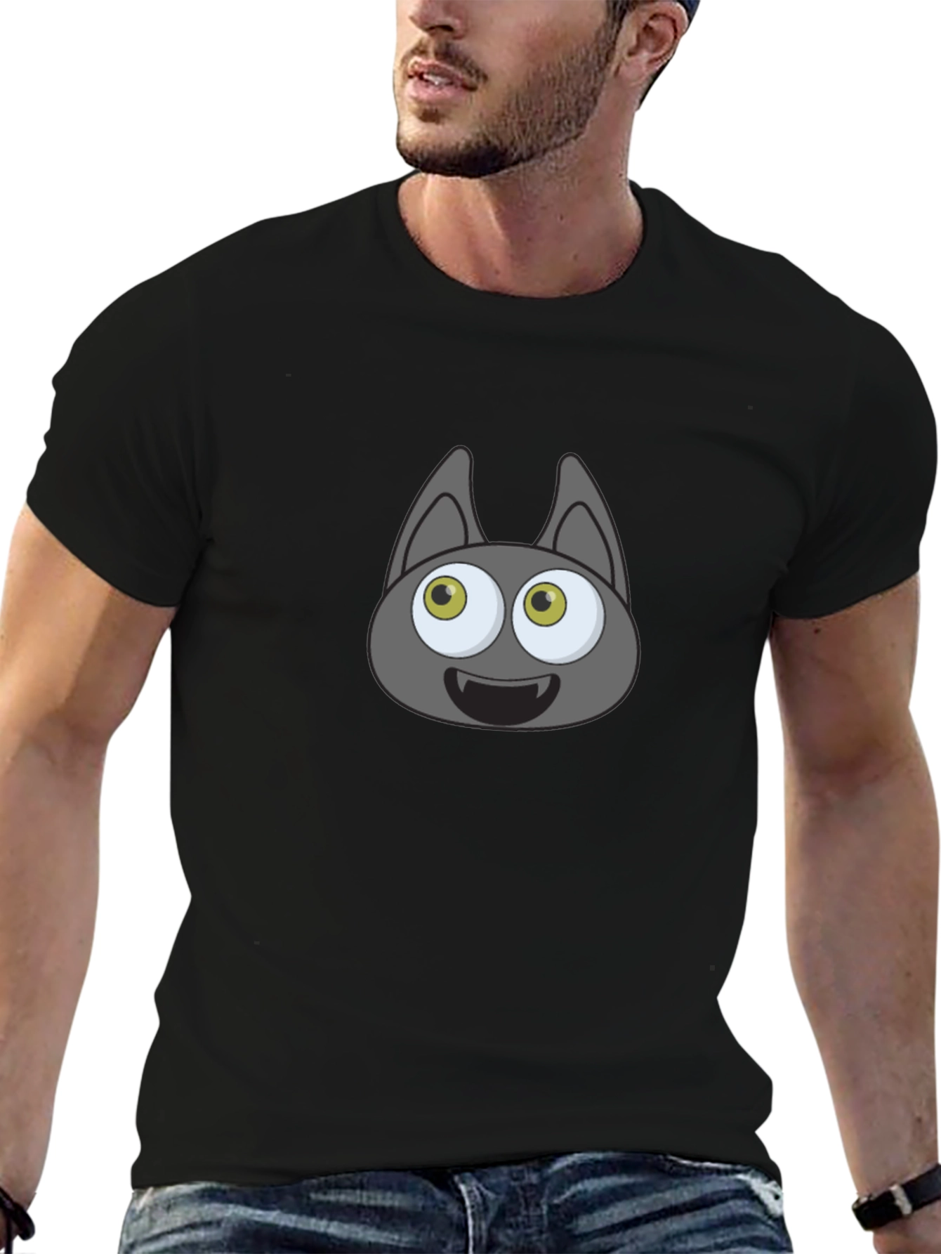 Cartoonish Bat Face Graphic Black T-Shirt