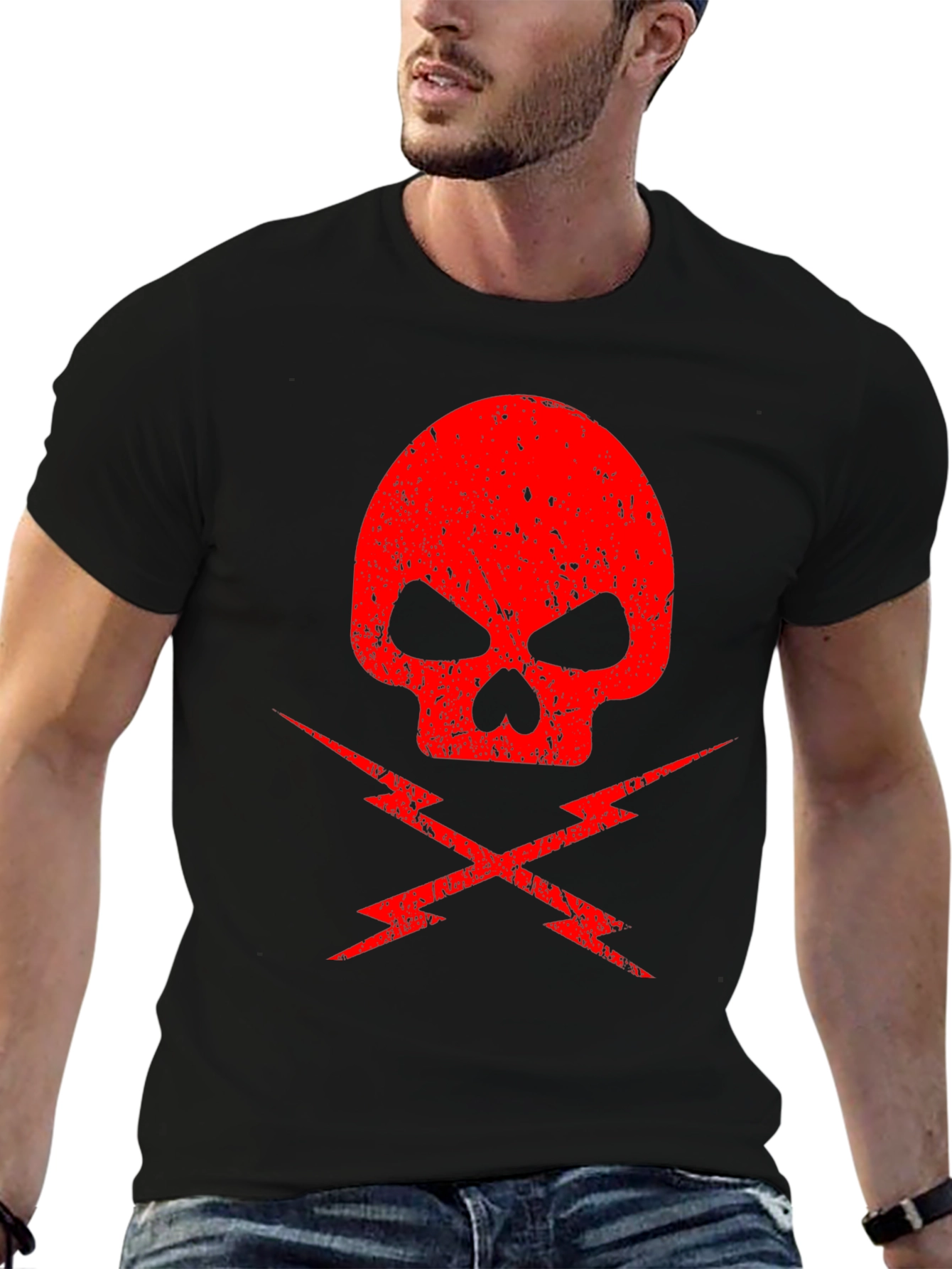 Red Skull & Lightning Bolt Graphic Black T-Shirt