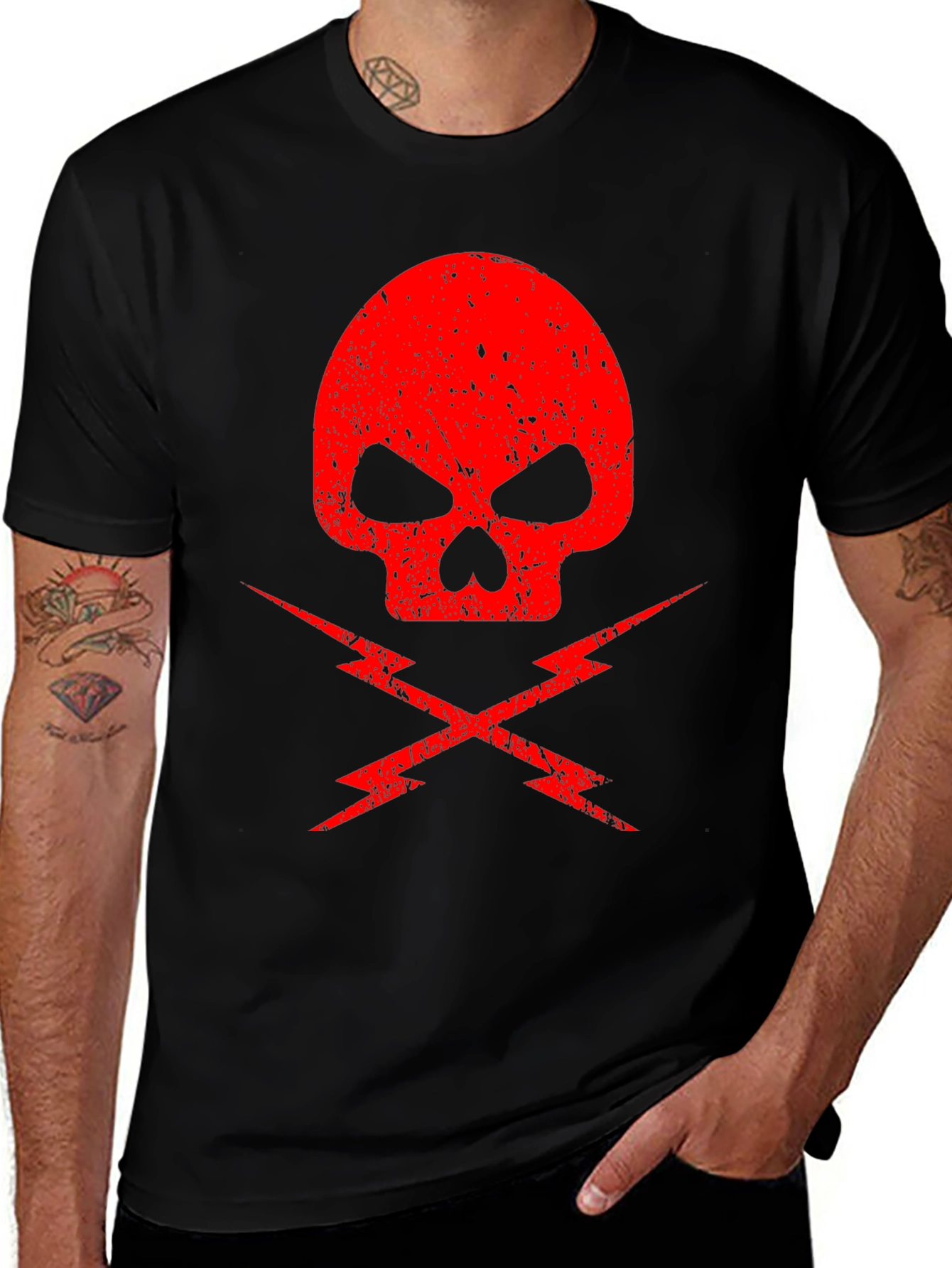 Red Skull & Lightning Bolt Graphic Black T-Shirt