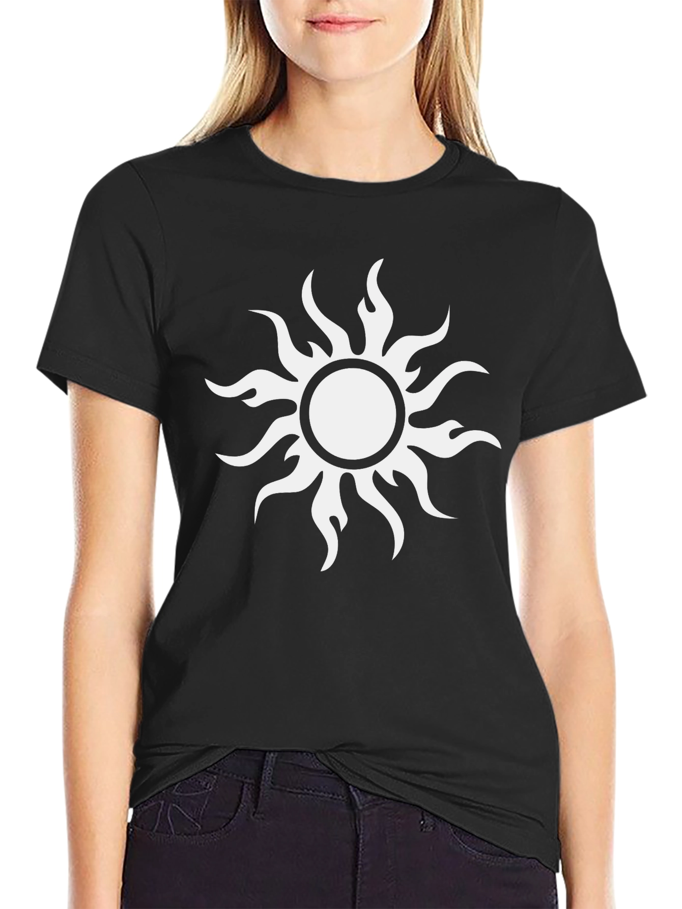 Black T-Shirt with White Sun Graphic