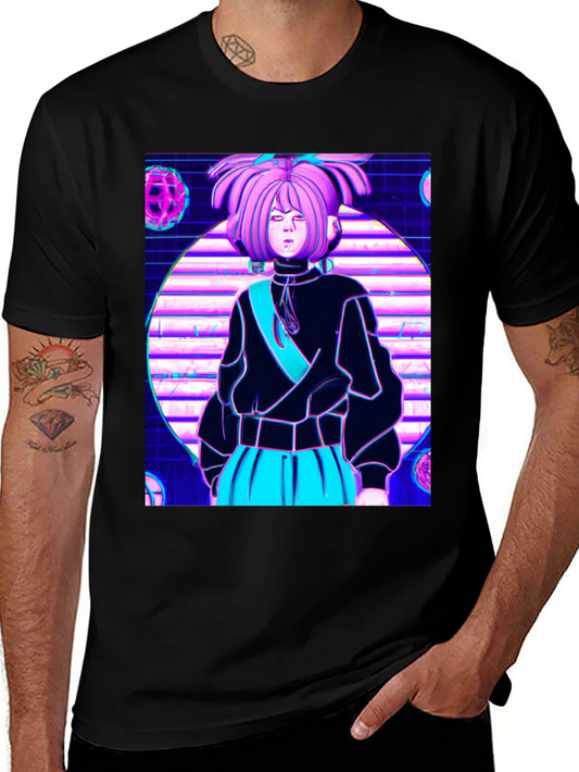 Anime Girl Black T-Shirt - Retro 80s Vaporwave Style