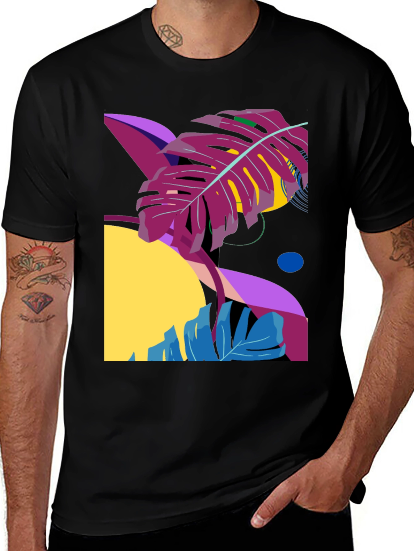 Abstract Tropical Leaf Graphic Tee - Black