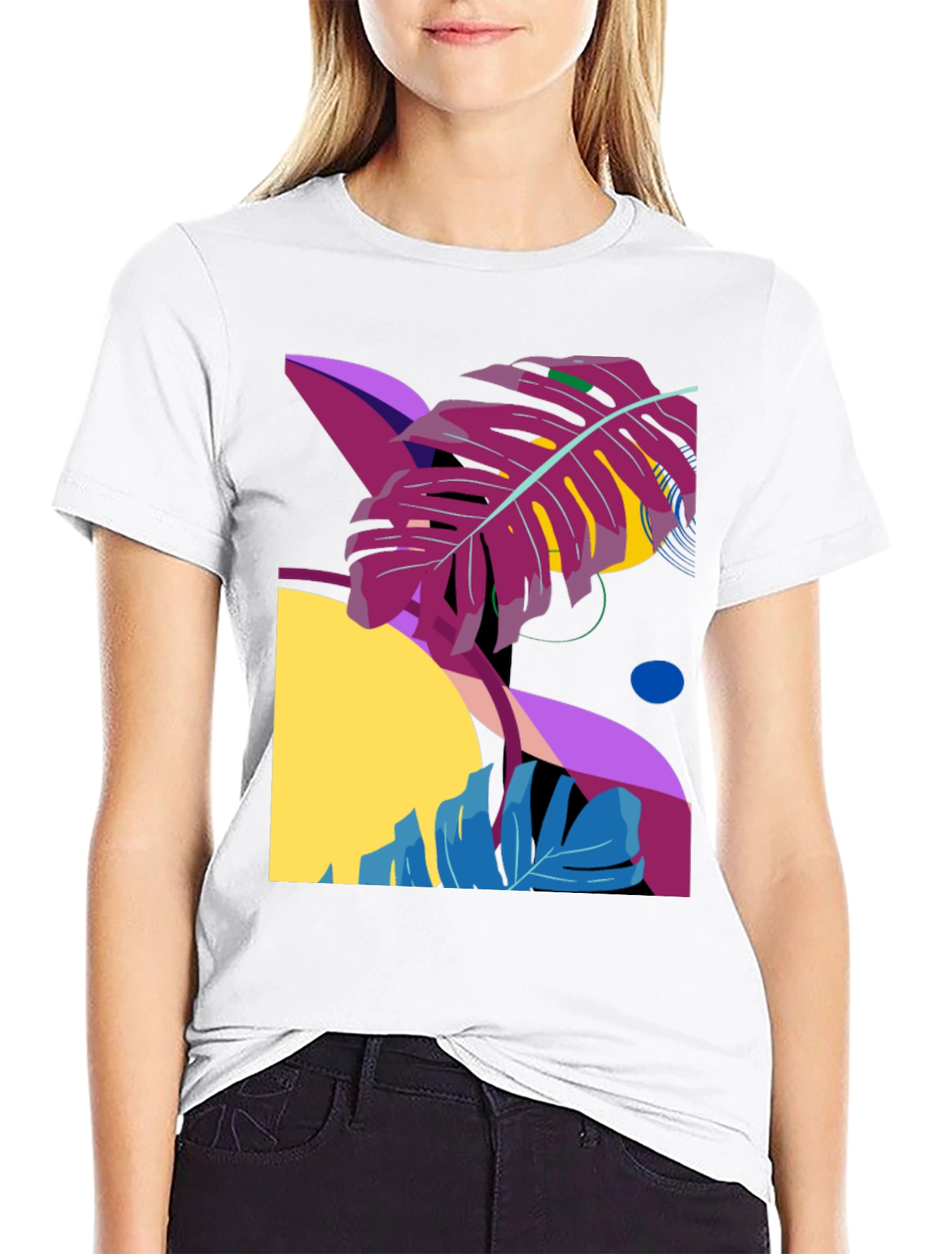 Abstract Tropical Leaf Graphic Tee - Black