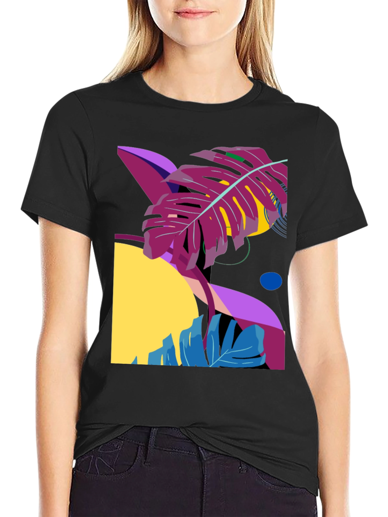 Abstract Tropical Leaf Graphic Tee - Black