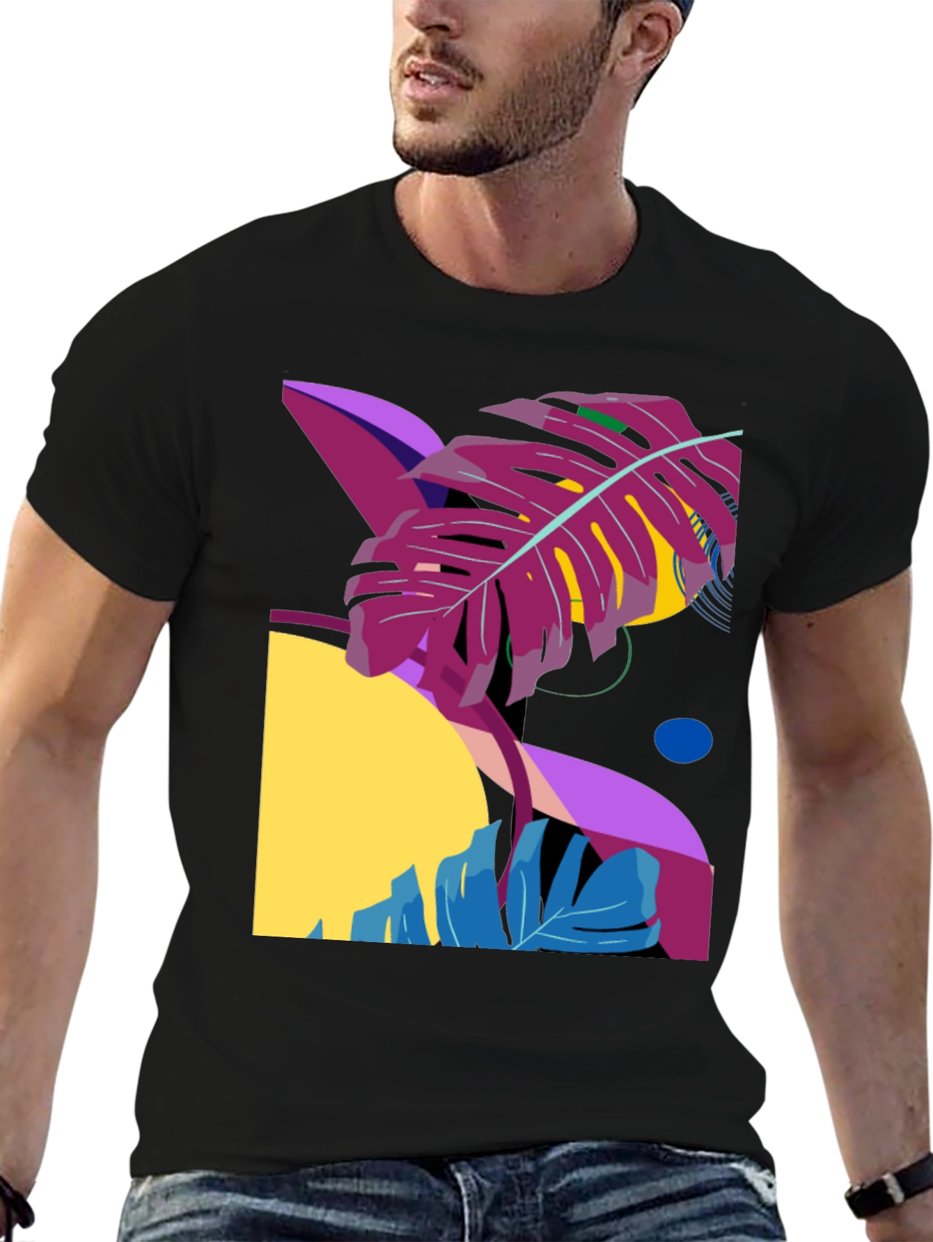 Abstract Tropical Leaf Graphic Tee - Black