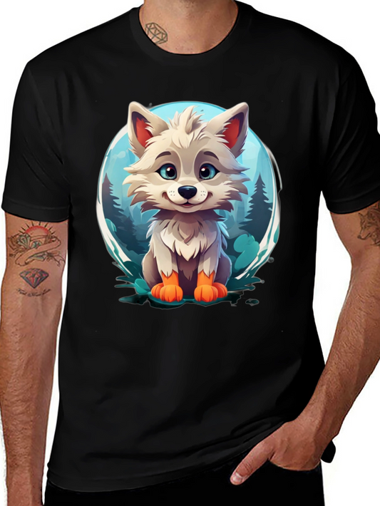 Cute Cartoon Wolf Graphic Tee - Black