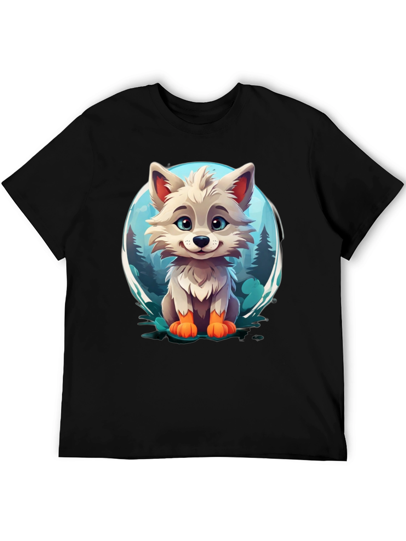 Cute Cartoon Wolf Graphic Tee - Black