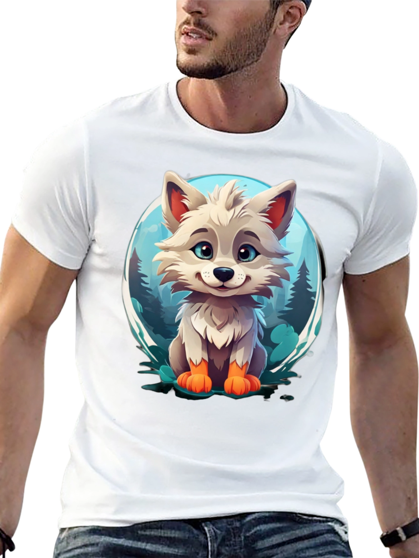 Cute Cartoon Wolf Graphic Tee - Black