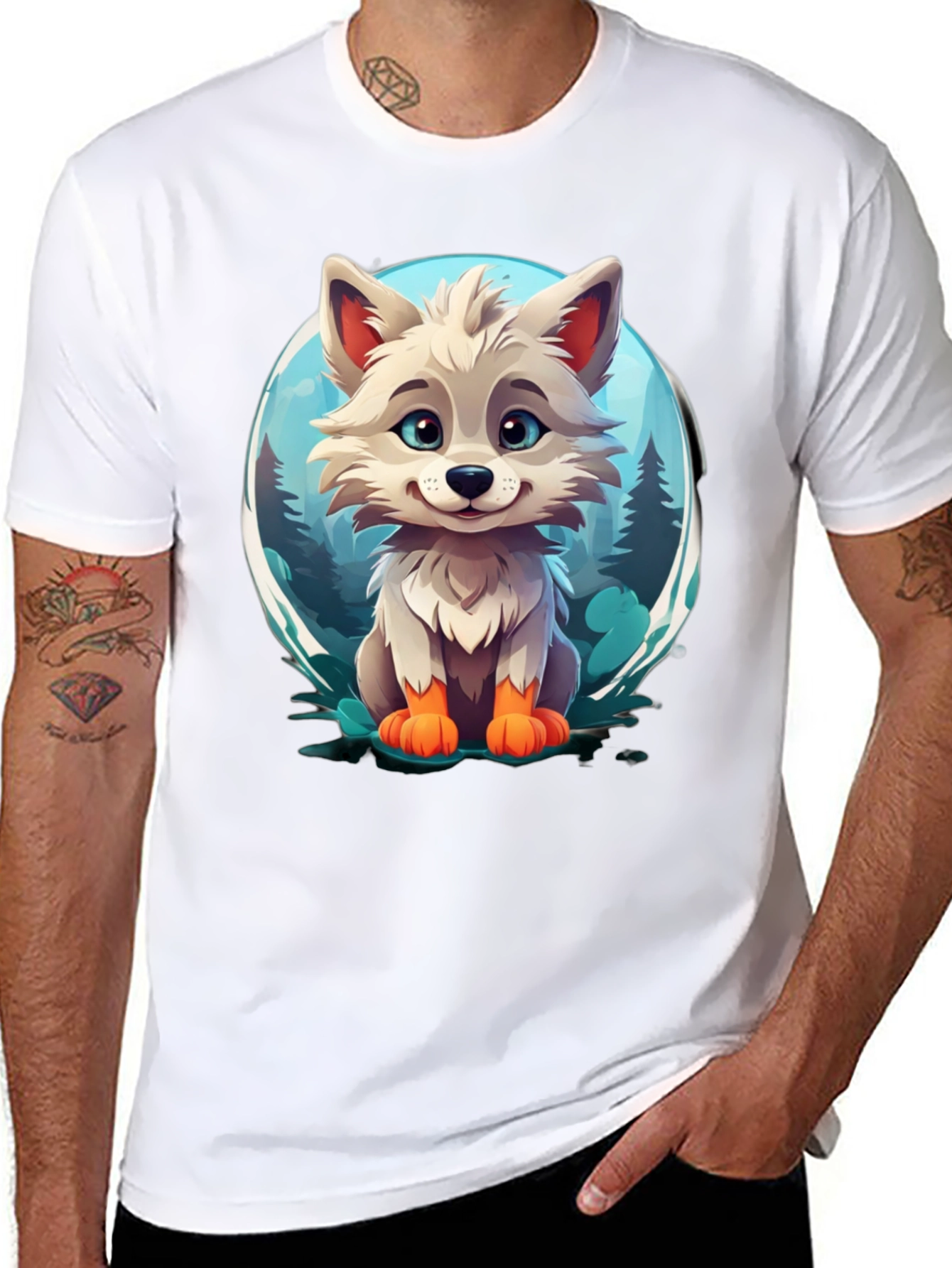 Cute Cartoon Wolf Graphic Tee - Black