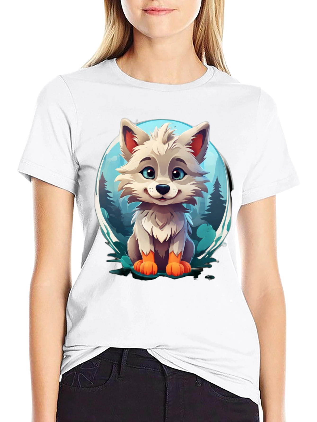 Cute Cartoon Wolf Graphic Tee - Black