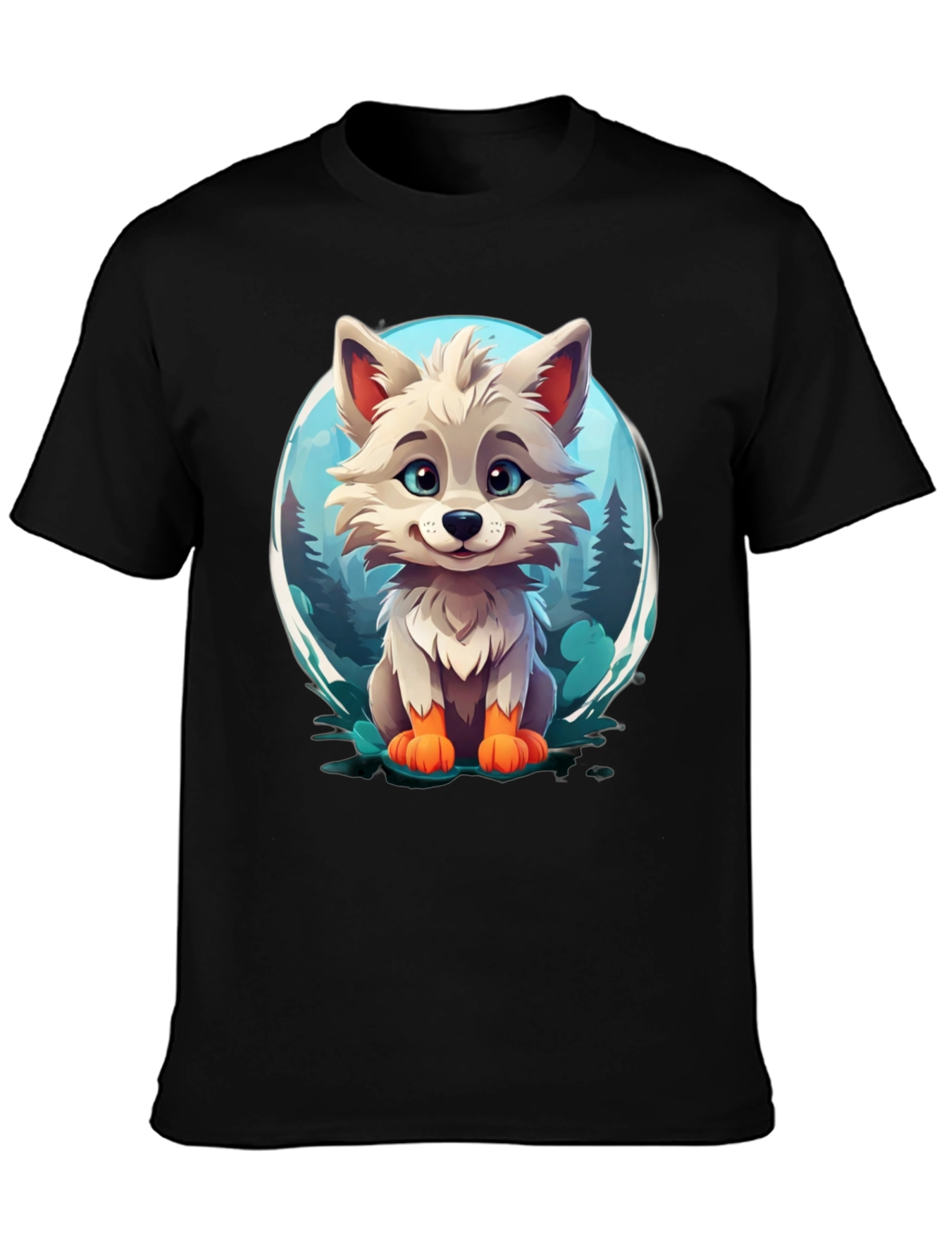 Cute Cartoon Wolf Graphic Tee - Black