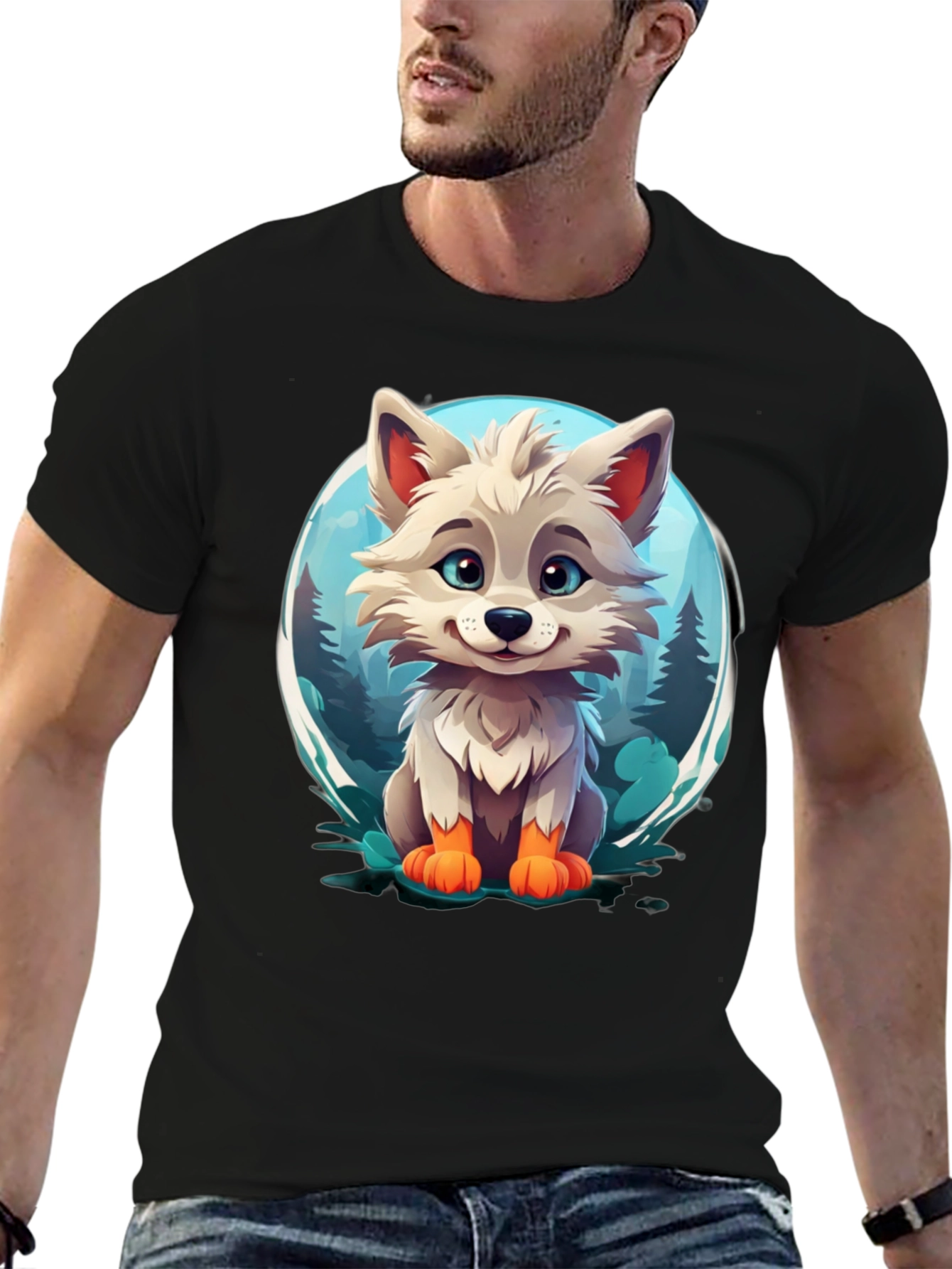 Cute Cartoon Wolf Graphic Tee - Black