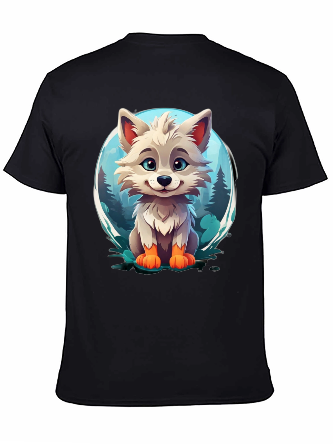 Cute Cartoon Wolf Graphic Tee - Black
