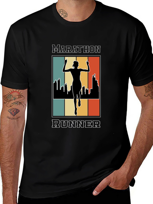 Marathon Runner Graphic T-Shirt - Retro Cityscape Design