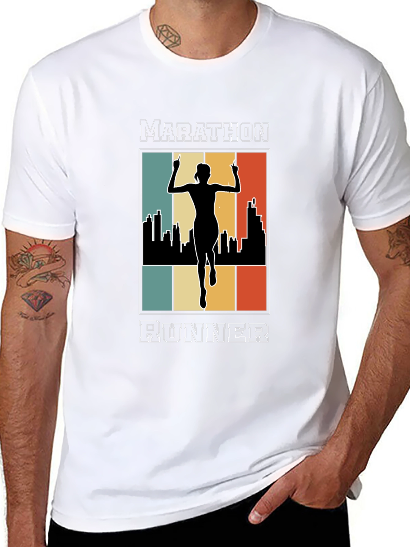 Marathon Runner Graphic T-Shirt - Retro Cityscape Design