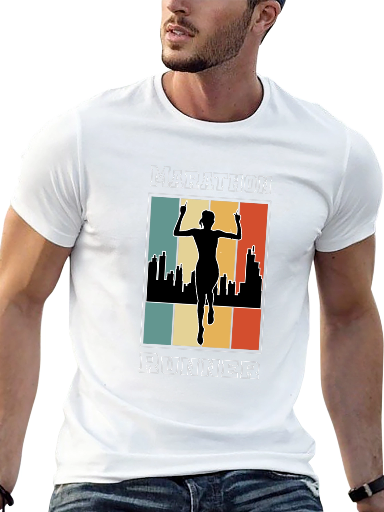 Marathon Runner Graphic T-Shirt - Retro Cityscape Design
