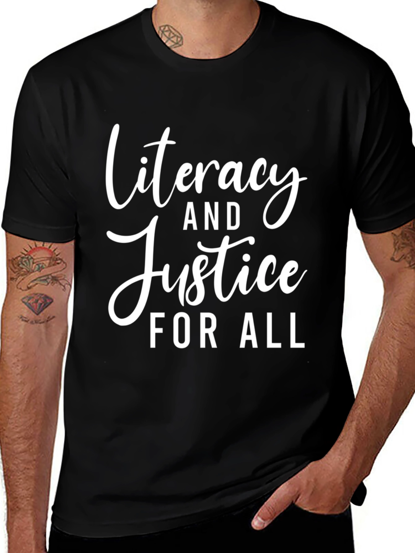 Literacy and Justice For All Black T-Shirt