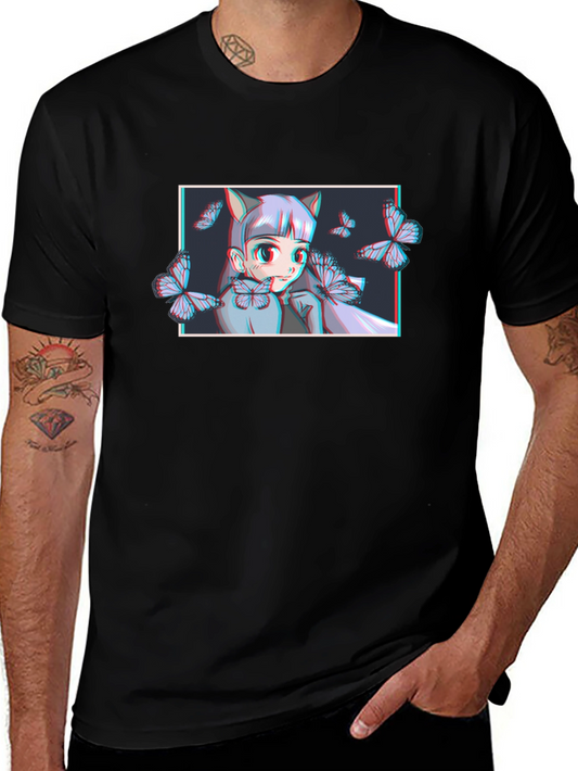 Anime Girl Butterfly Graphic T-Shirt - Black