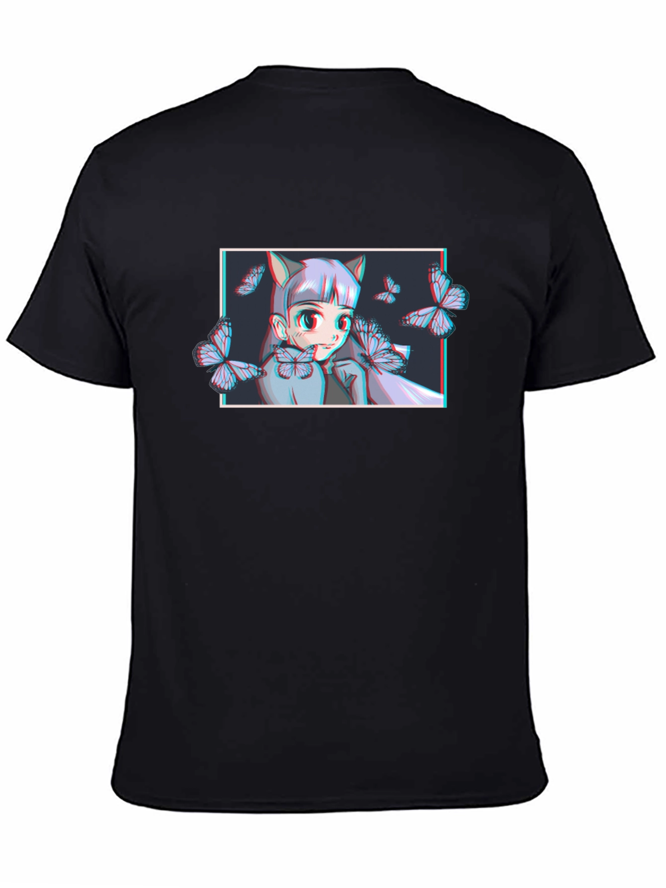 Anime Girl Butterfly Graphic T-Shirt - Black