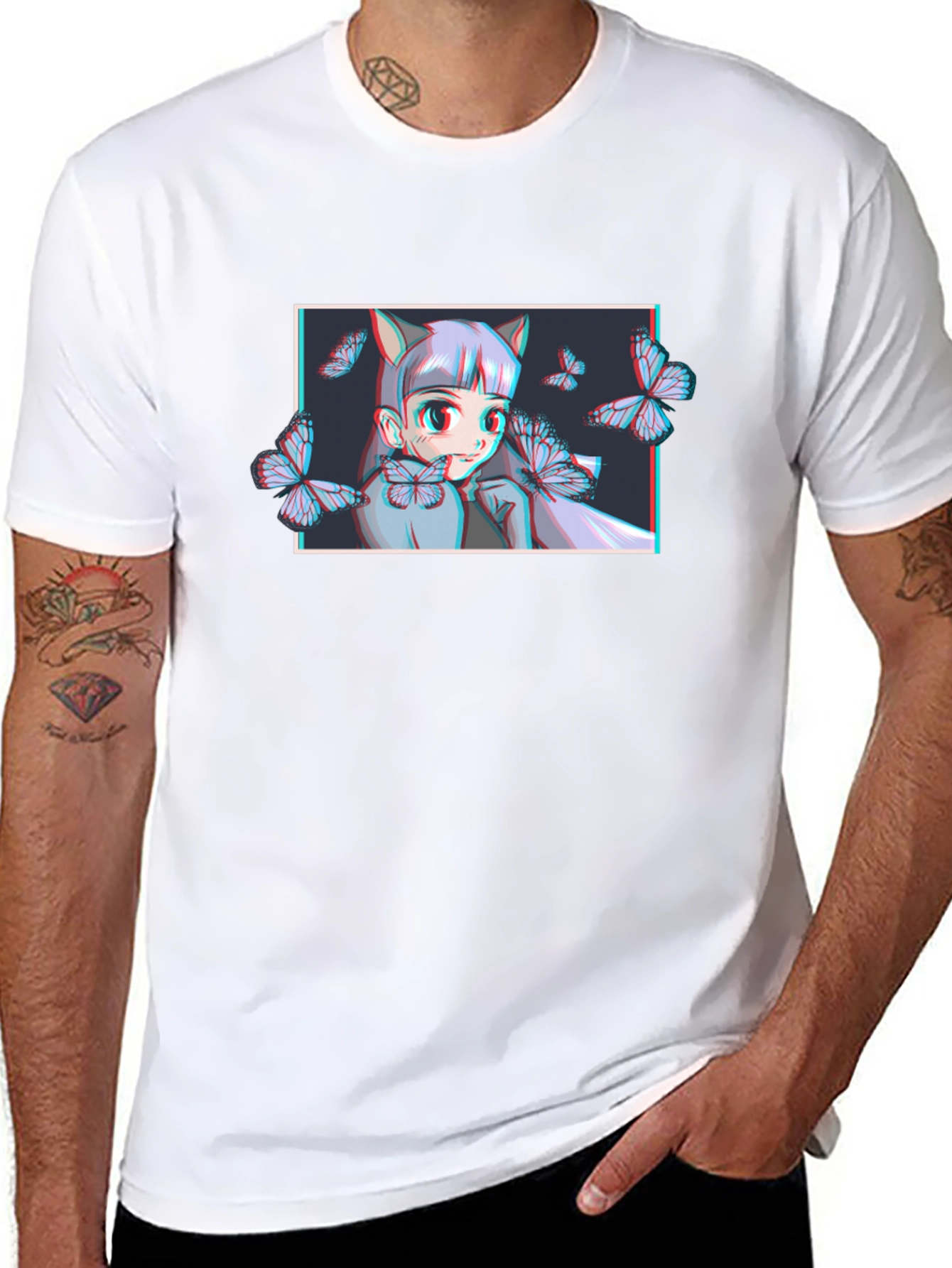 Anime Girl Butterfly Graphic T-Shirt - Black