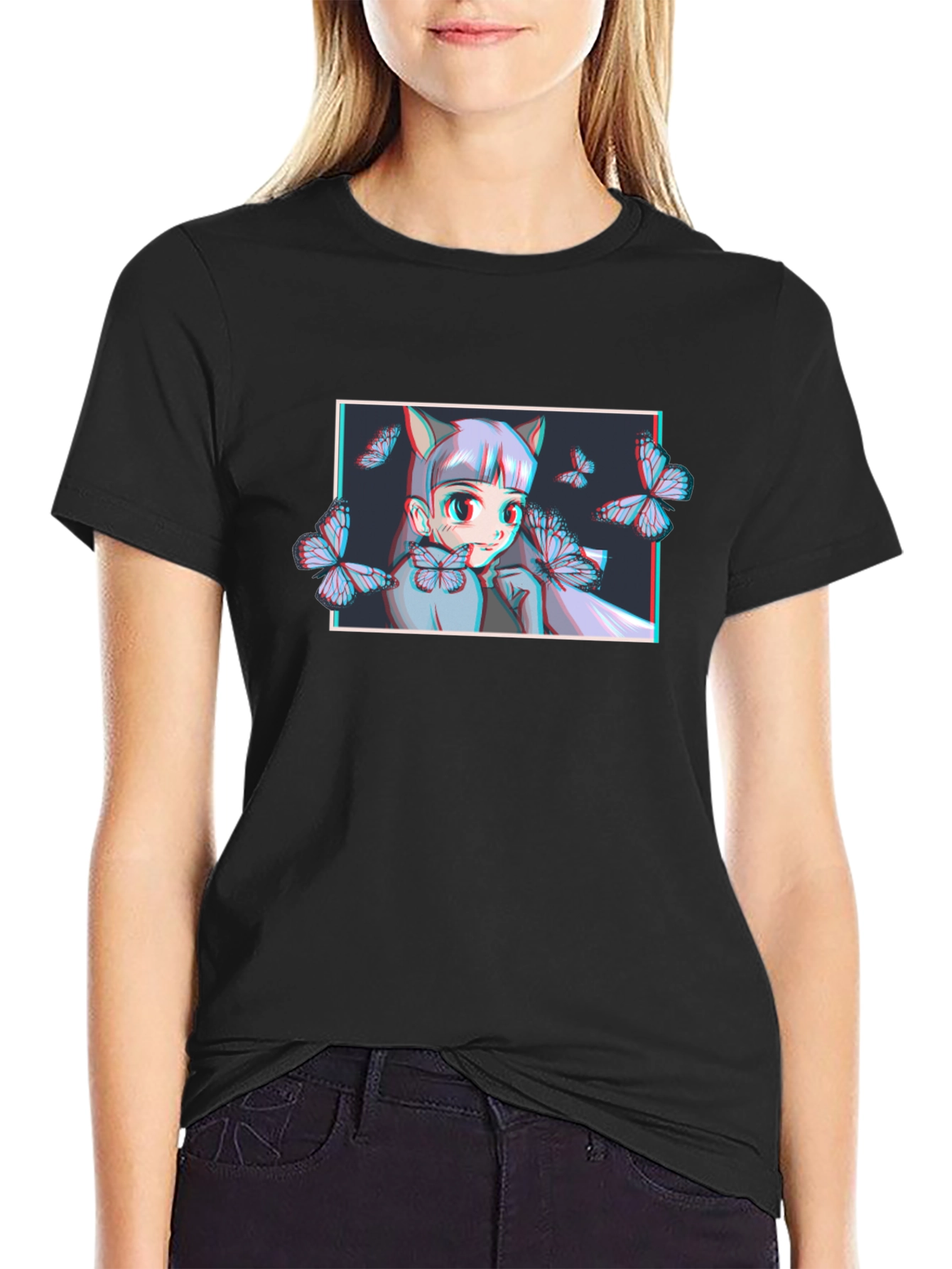Anime Girl Butterfly Graphic T-Shirt - Black