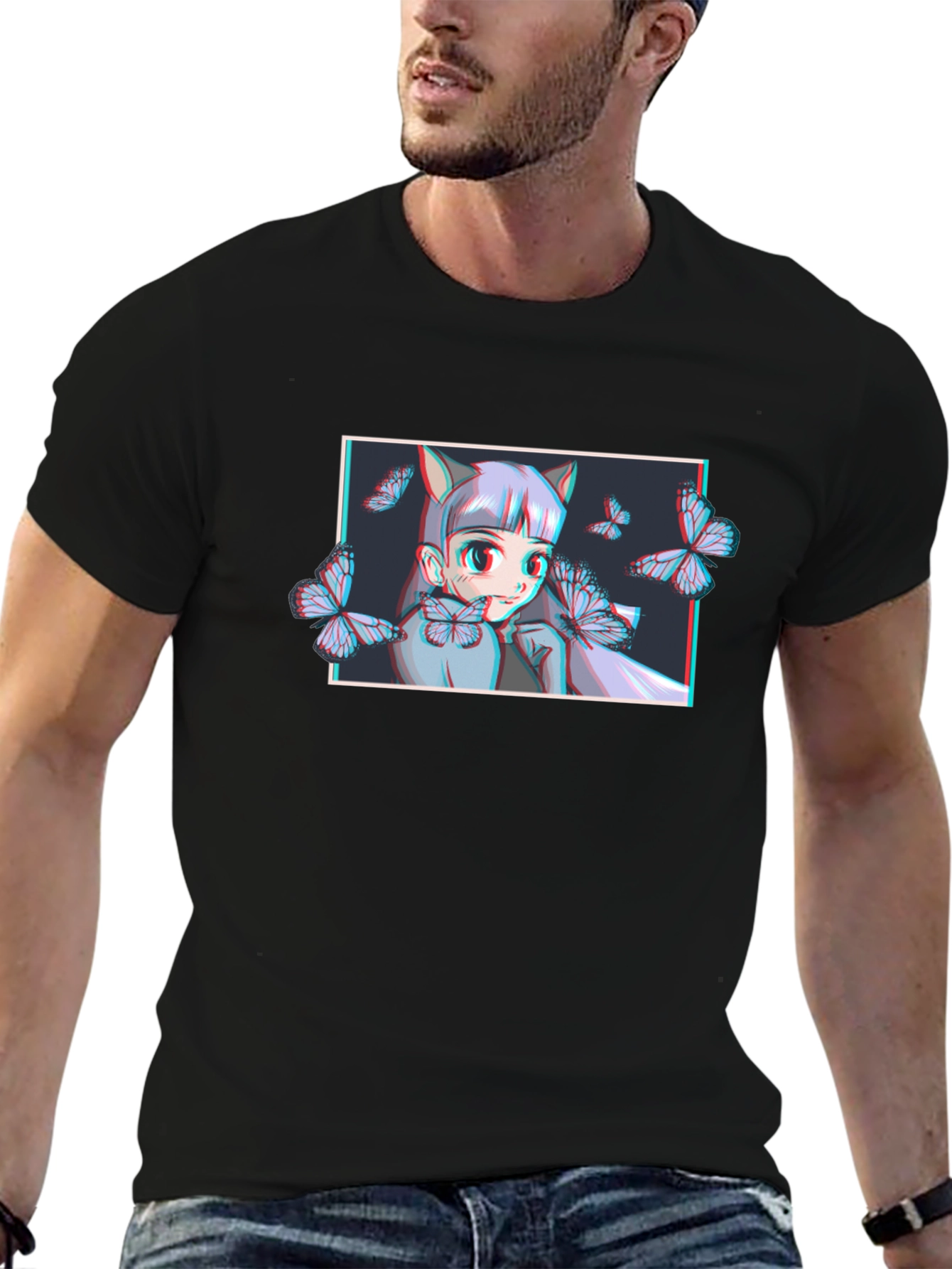 Anime Girl Butterfly Graphic T-Shirt - Black