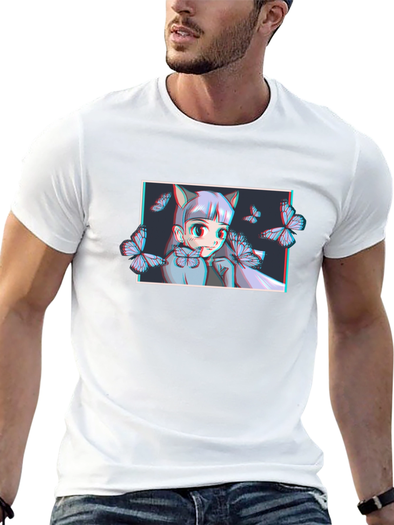 Anime Girl Butterfly Graphic T-Shirt - Black