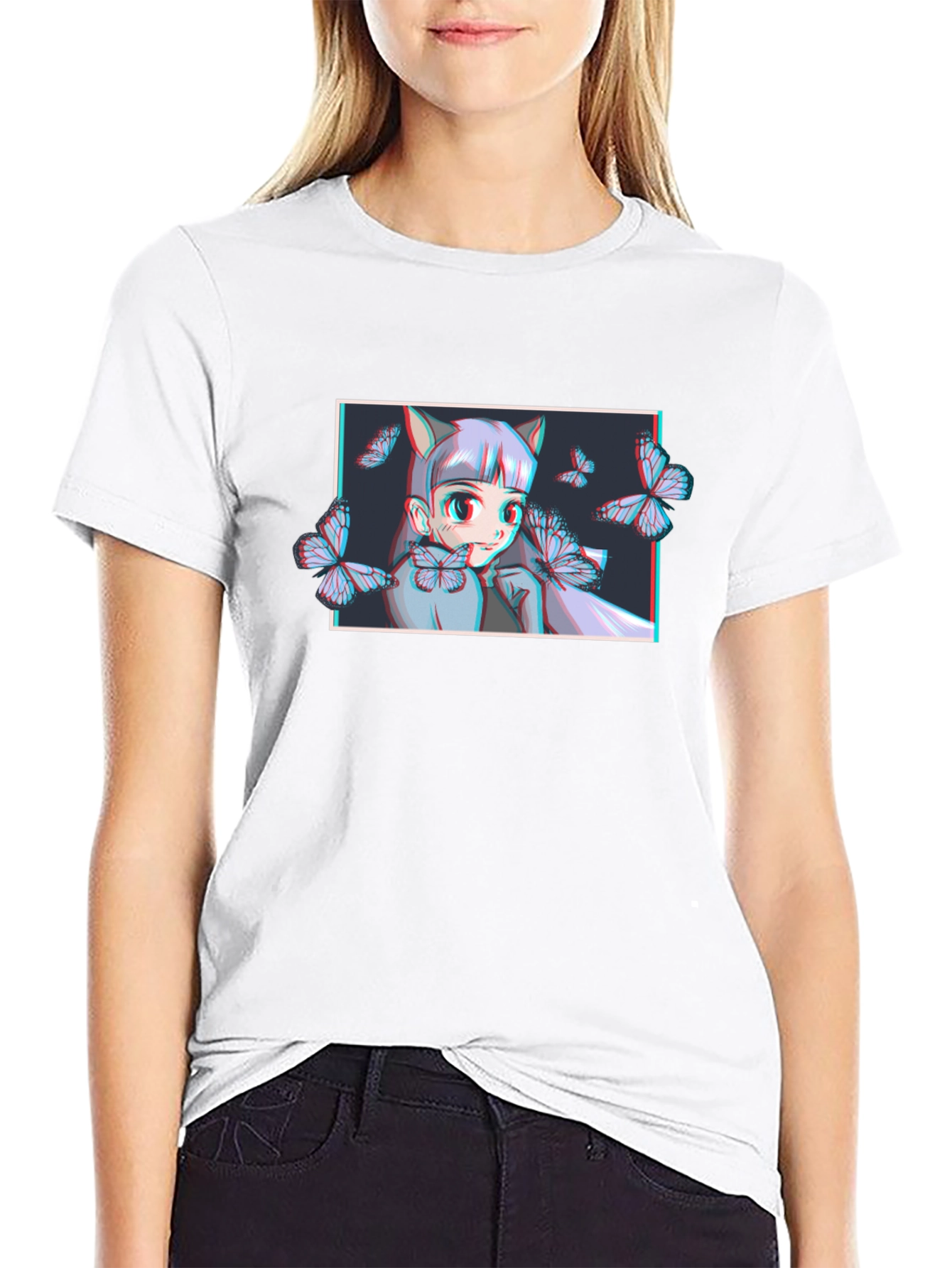 Anime Girl Butterfly Graphic T-Shirt - Black