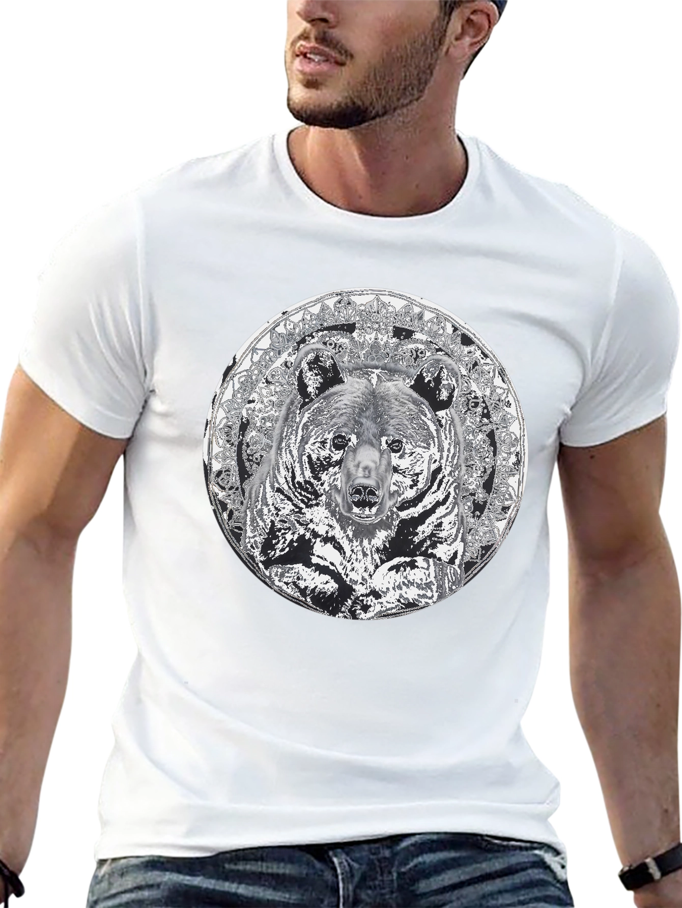 Bear Mandala Graphic Tee - Black Cotton Blend Shirt