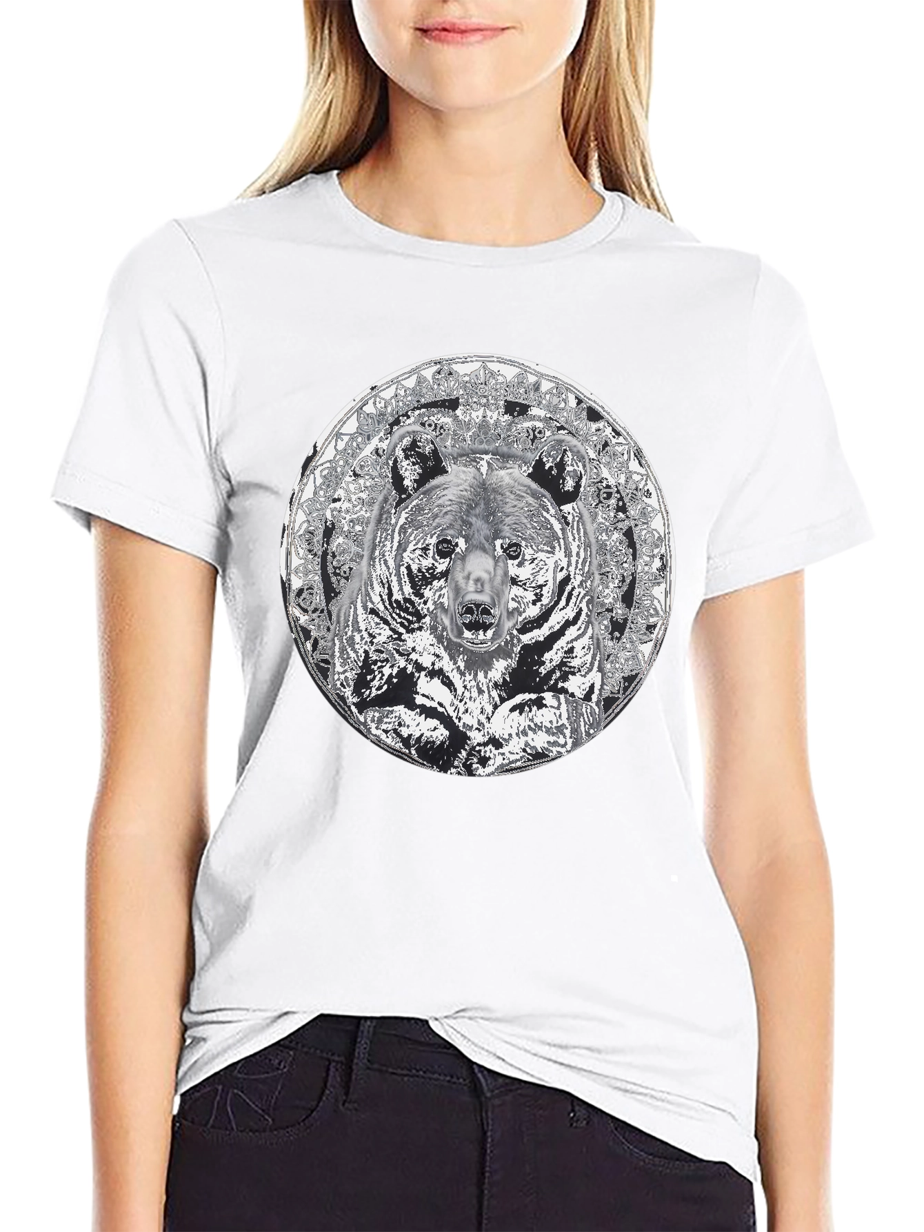 Bear Mandala Graphic Tee - Black Cotton Blend Shirt