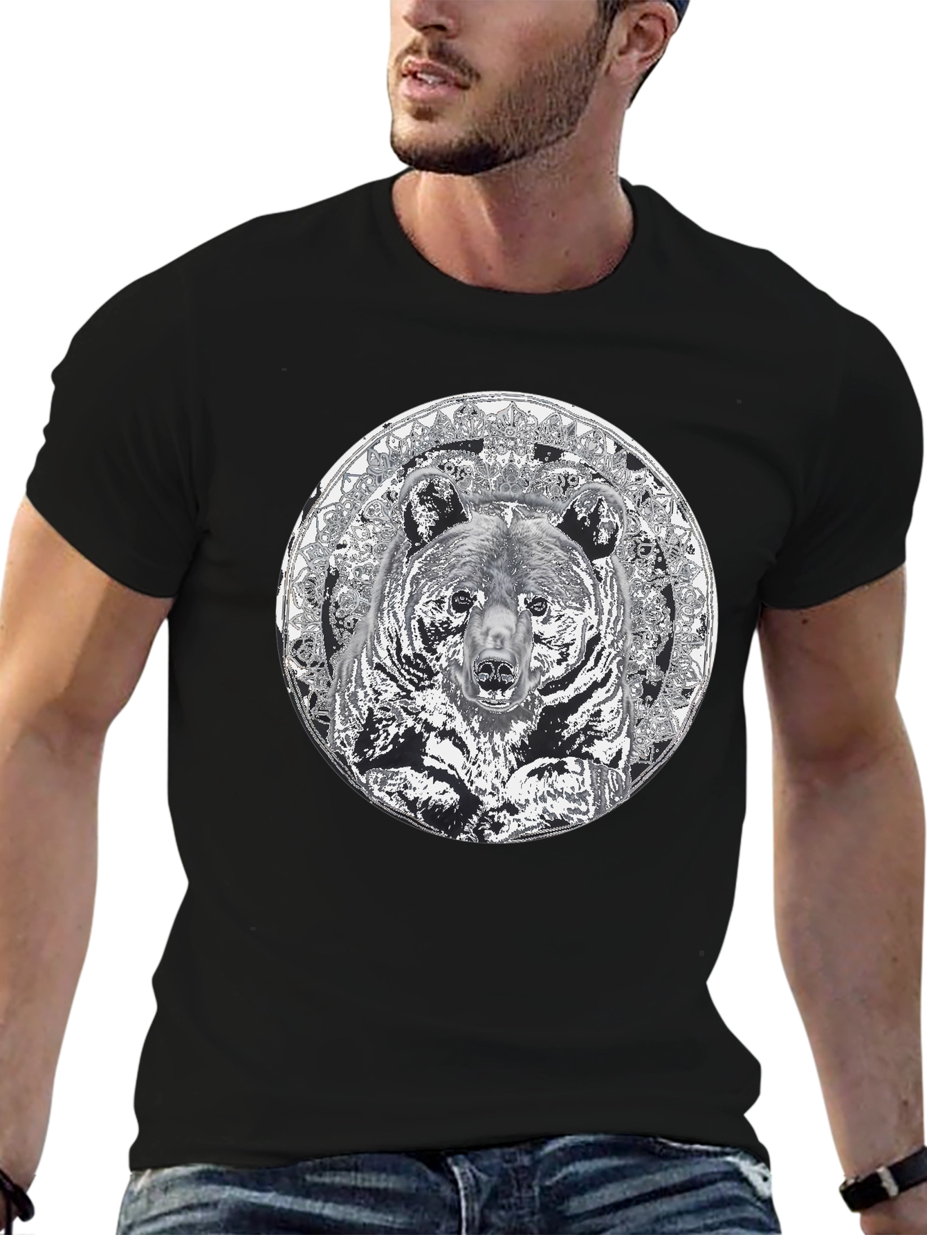 Bear Mandala Graphic Tee - Black Cotton Blend Shirt