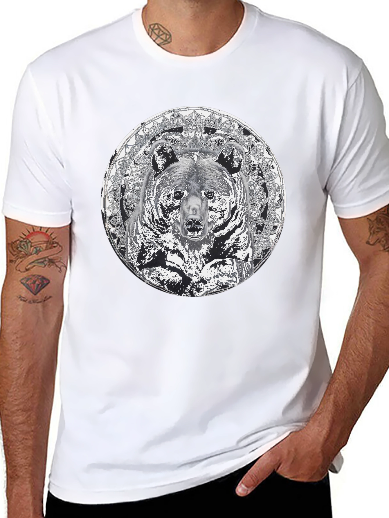 Bear Mandala Graphic Tee - Black Cotton Blend Shirt