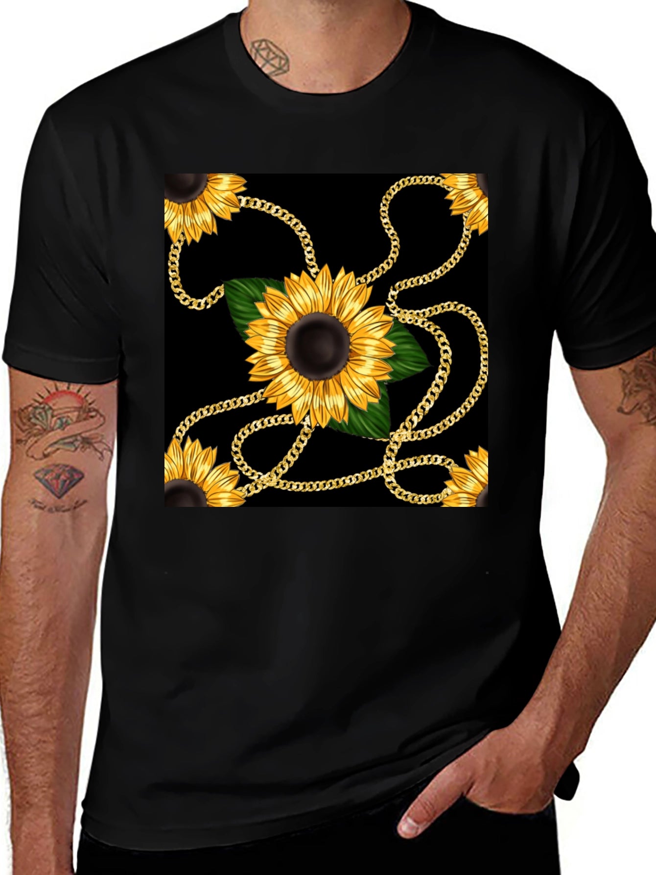 Sunflower Chain Print Black T-Shirt