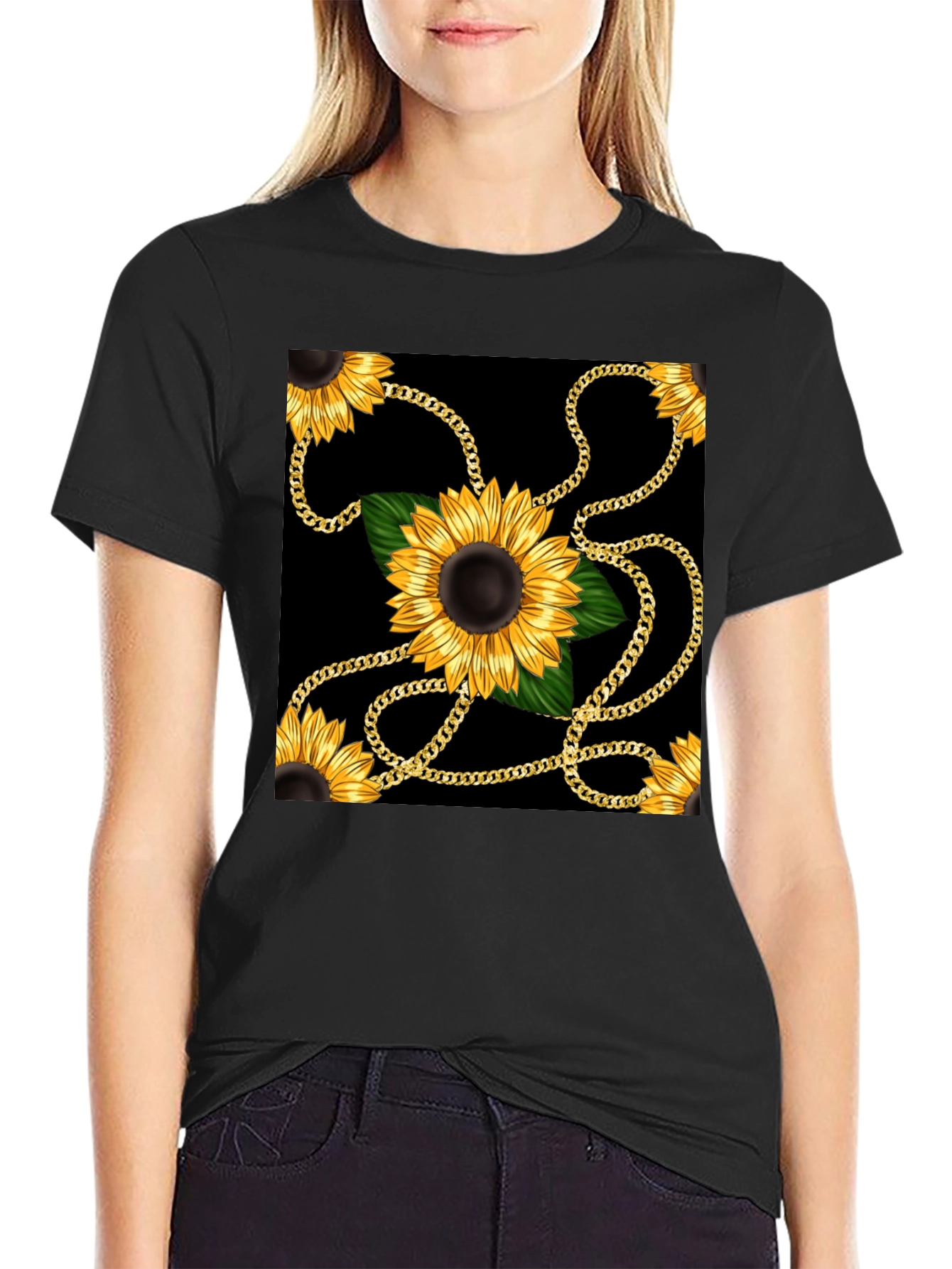 Sunflower Chain Print Black T-Shirt