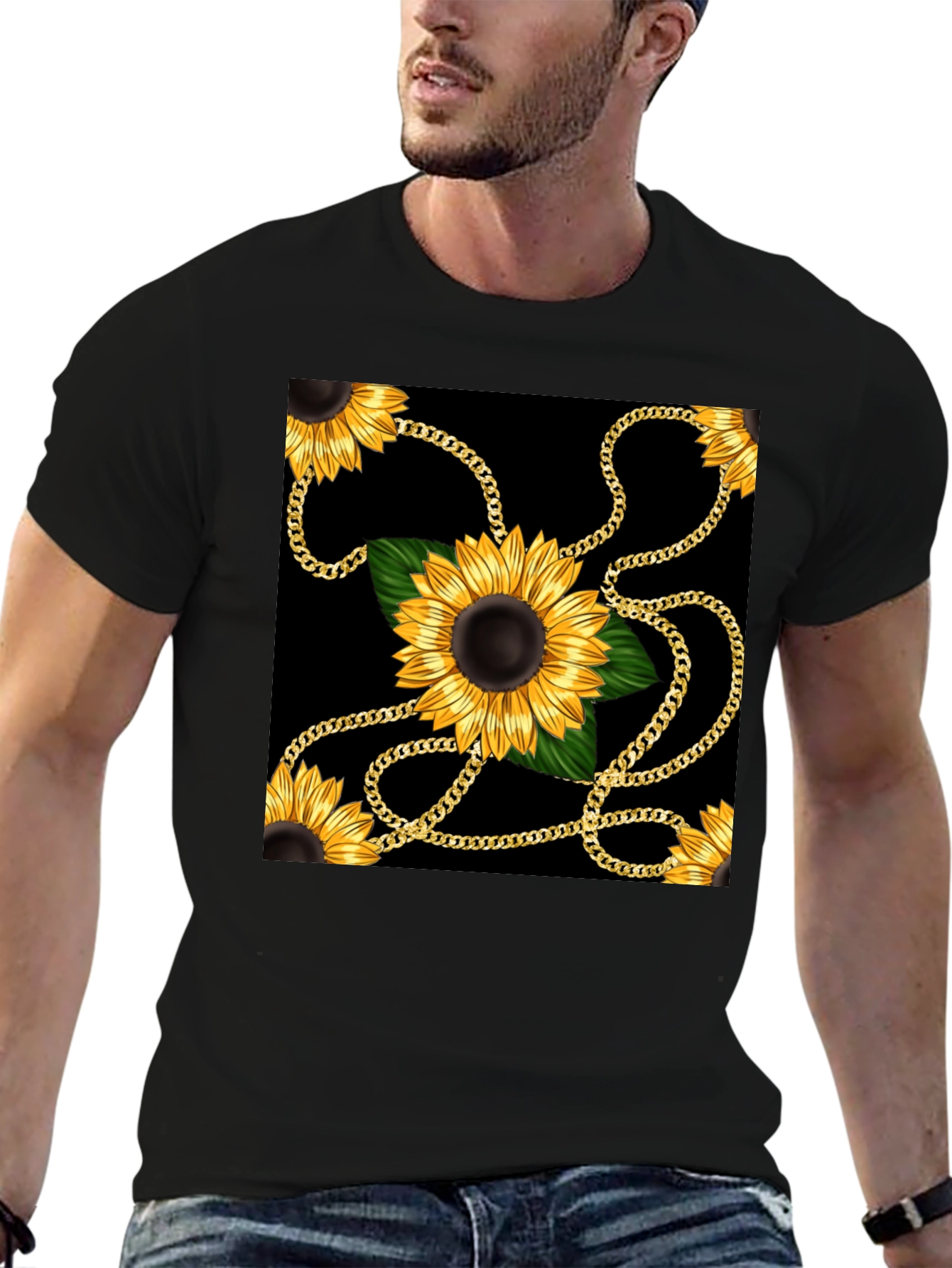 Sunflower Chain Print Black T-Shirt