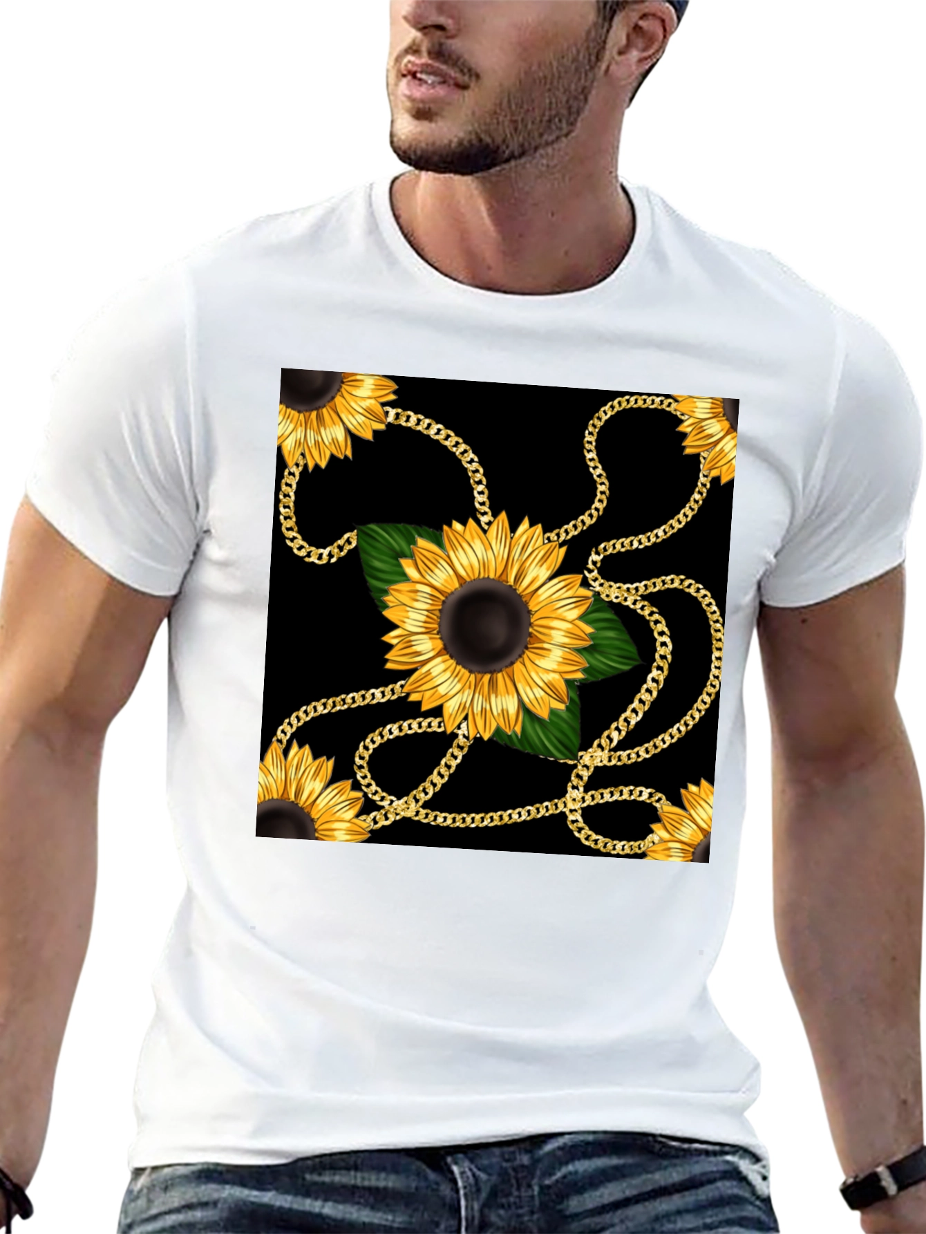 Sunflower Chain Print Black T-Shirt