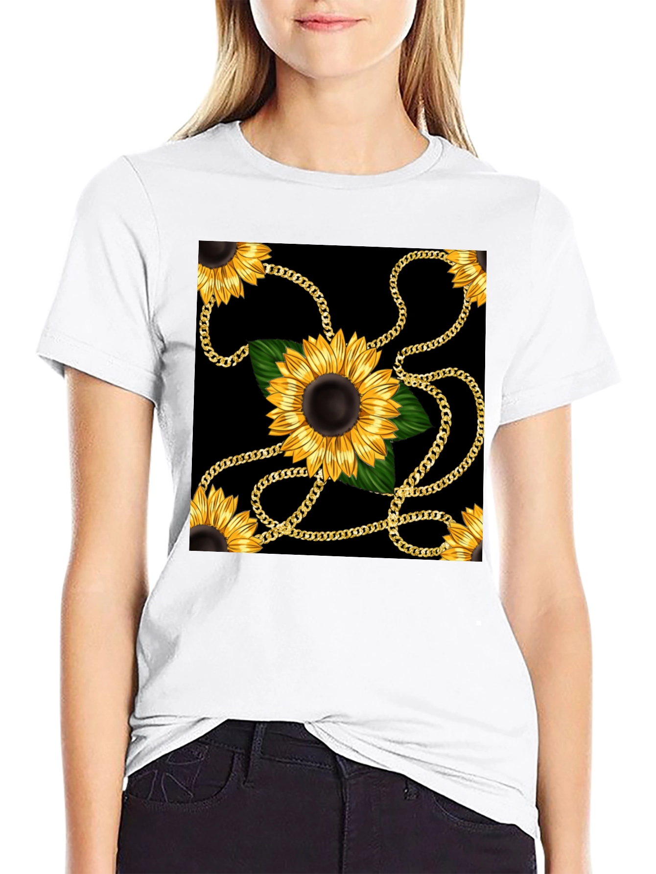 Sunflower Chain Print Black T-Shirt