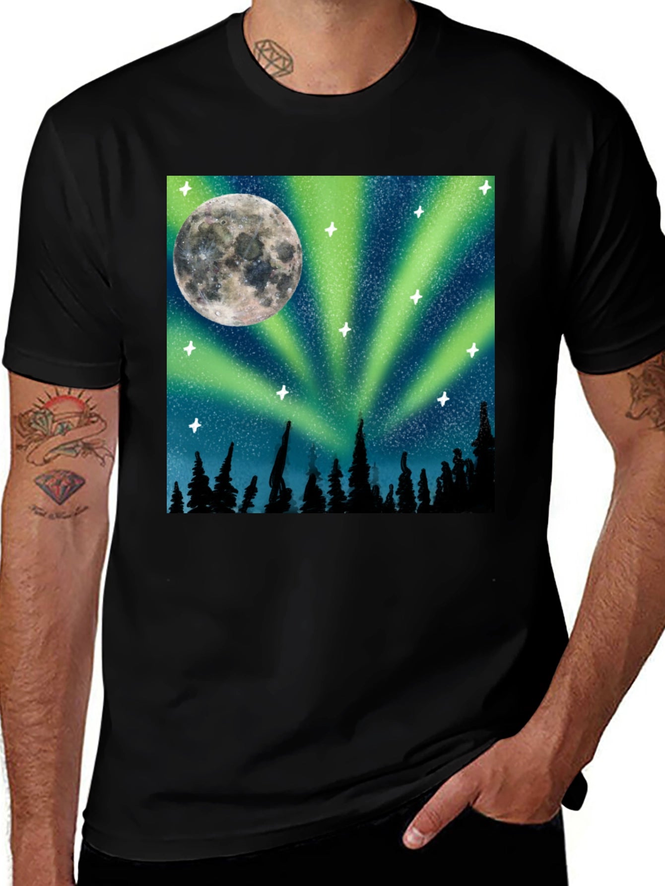 Northern Lights Moon T-Shirt - Black Cotton Tee