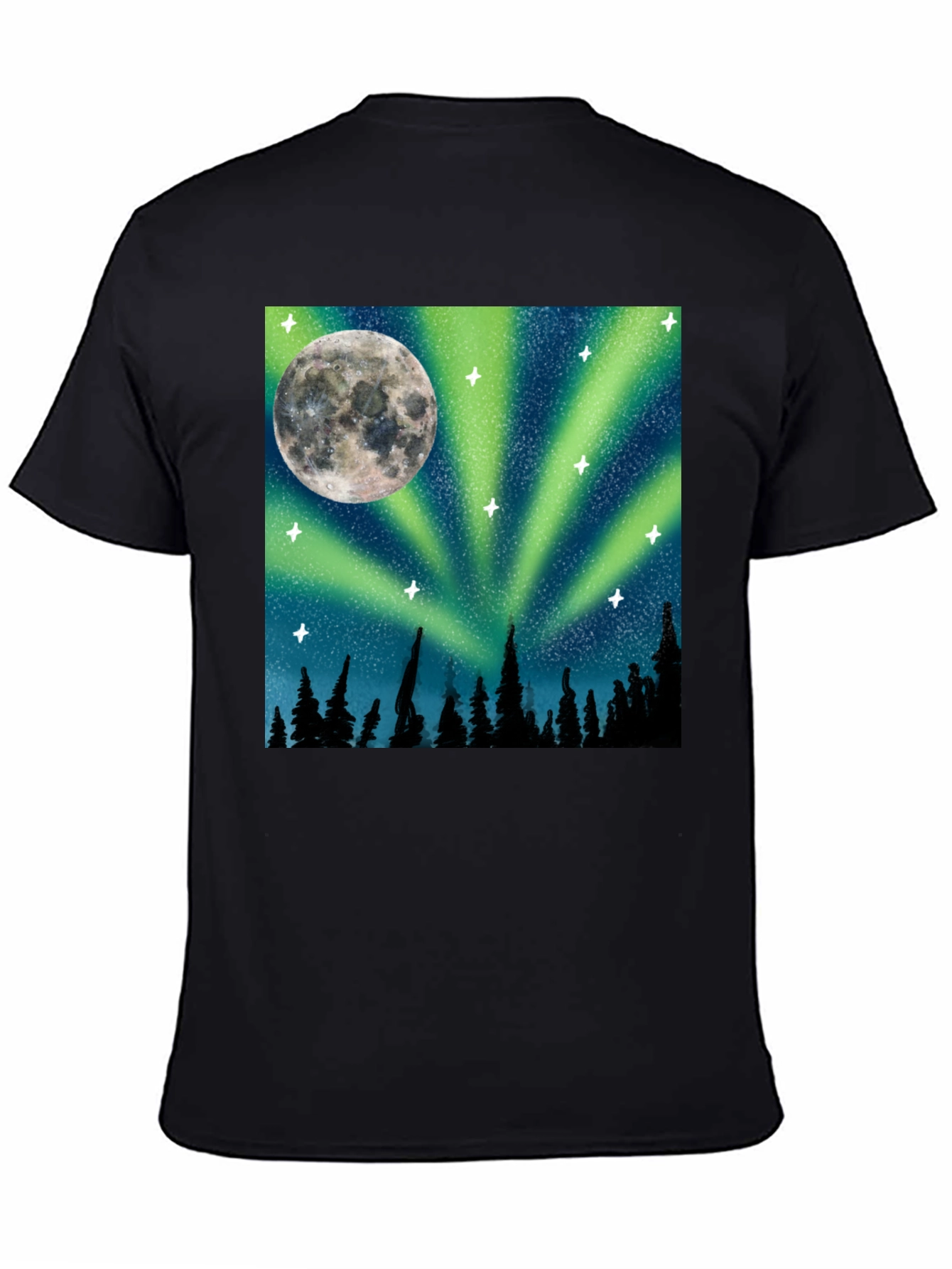 Northern Lights Moon T-Shirt - Black Cotton Tee